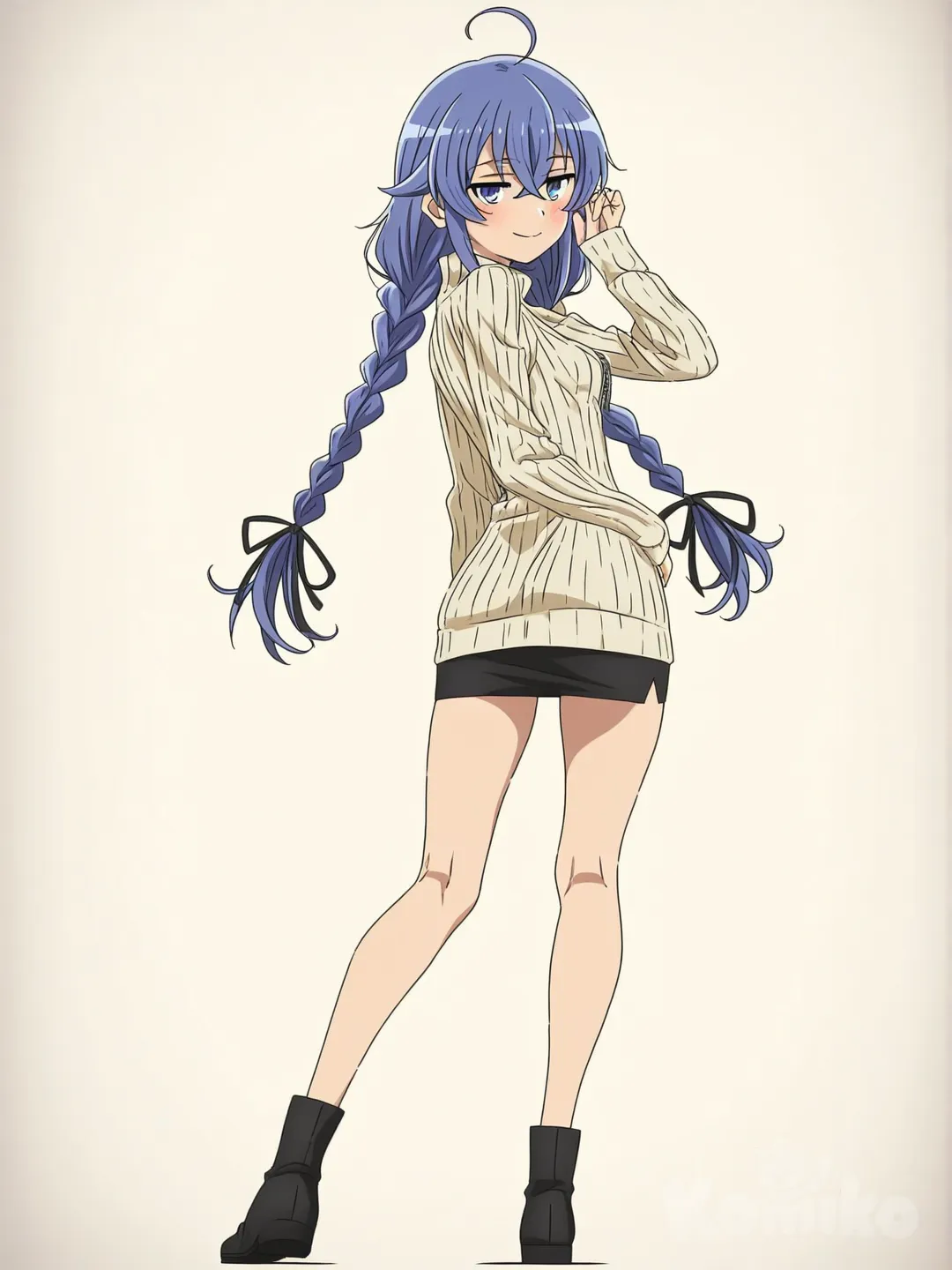 ultra-full body from behind, Roxy Migurdia, looking over shoulder with playful seductive expression, blue eyes, long blue hair in twin braids cascading down back, petite slim figure, cream beige ribbed crop turtleneck sweater with chest window visible from side, black mini skirt hugging slim hips, front zipper and round buckle, standing with slight turn, hand touching hair, seductive back pose, soft lighting, clothing, anime style, 8k[bright-anime-style]