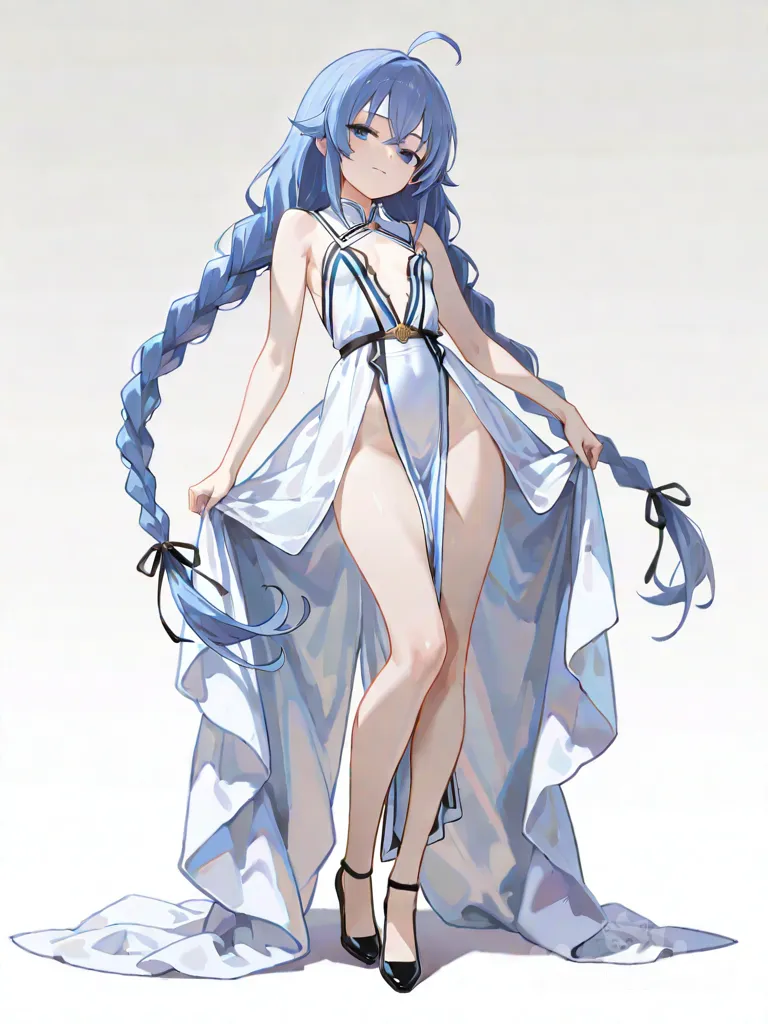 ultra-full body, Roxy Migurdia from Mushoku Tensei, accurate character design, petite slim woman with delicate figure, pale skin, long blue hair in two twin braids reaching waist, blue eyes, playful seductive smile, wearing cream beige ribbed turtleneck crop top sweater with large chest cutout window, long sleeves, tight knit fit, black mini skirt with front zipper and round belt buckle, frilled hem, sitting on wooden desk edge with legs crossed high, one hand twirling braid, other hand resting on thigh, looking at viewer teasingly, cozy modern study room background with warm lamp light, bookshelves and soft beige tones, fabric texture, anime style, 8k, [soft-light-illustration-style]