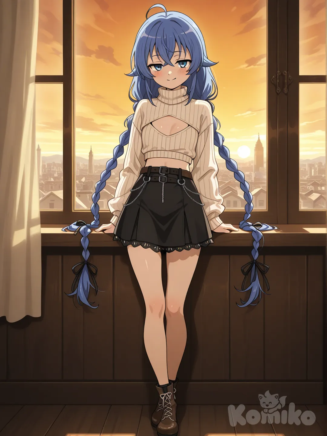 ultra-full body, Roxy Migurdia Mushoku Tensei, petite slim delicate body, long blue twin braids flowing in gentle wind, blue eyes, confident smirk, cream beige ribbed turtleneck crop top with deep chest cutout, beige knit hugging slim figure, black short skirt with zipper detail and circle belt loop, frilled hem, standing leaning back against window sill, arms spread slightly on sides, hair blowing softly, seductive pose, evening city view through large window with warm sunset glow and soft indoor lights, anime art style, sharp focus, 8k, anime screencap, photo (medium)