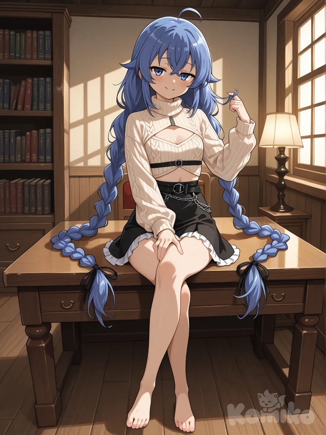 ultra-full body, Roxy Migurdia from Mushoku Tensei, accurate character design, petite slim woman with delicate figure, pale skin, long blue hair in two twin braids reaching waist, blue eyes, playful seductive smile, wearing cream beige ribbed turtleneck crop top sweater with large chest cutout window, long sleeves, tight knit fit, black mini skirt with front zipper and round belt buckle, frilled hem, sitting on wooden desk edge with legs crossed high, one hand twirling braid, other hand resting on thigh, looking at viewer teasingly, cozy modern study room background with warm lamp light, bookshelves and soft beige tones, fabric texture, anime style, 8k, photo (medium)