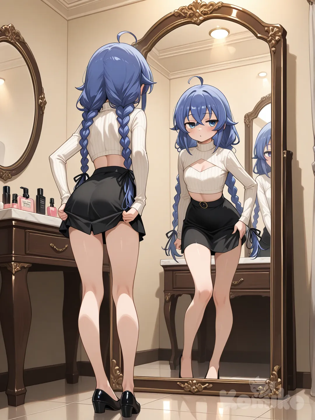 ultra-full body, Roxy Migurdia from side-back view looking into mirror, reflection showing face with playful seductive gaze, blue eyes, long blue twin braids, petite slim delicate body, cream beige ribbed turtleneck crop top with large cleavage cutout, black short skirt with front zipper and round buckle, one hand lifting skirt hem slightly as if adjusting, standing in front of tall mirror, elegant dressing room background with soft vanity lights, perfume bottles and warm golden tones, cinematic lighting, anime highly 8k, photo (medium)