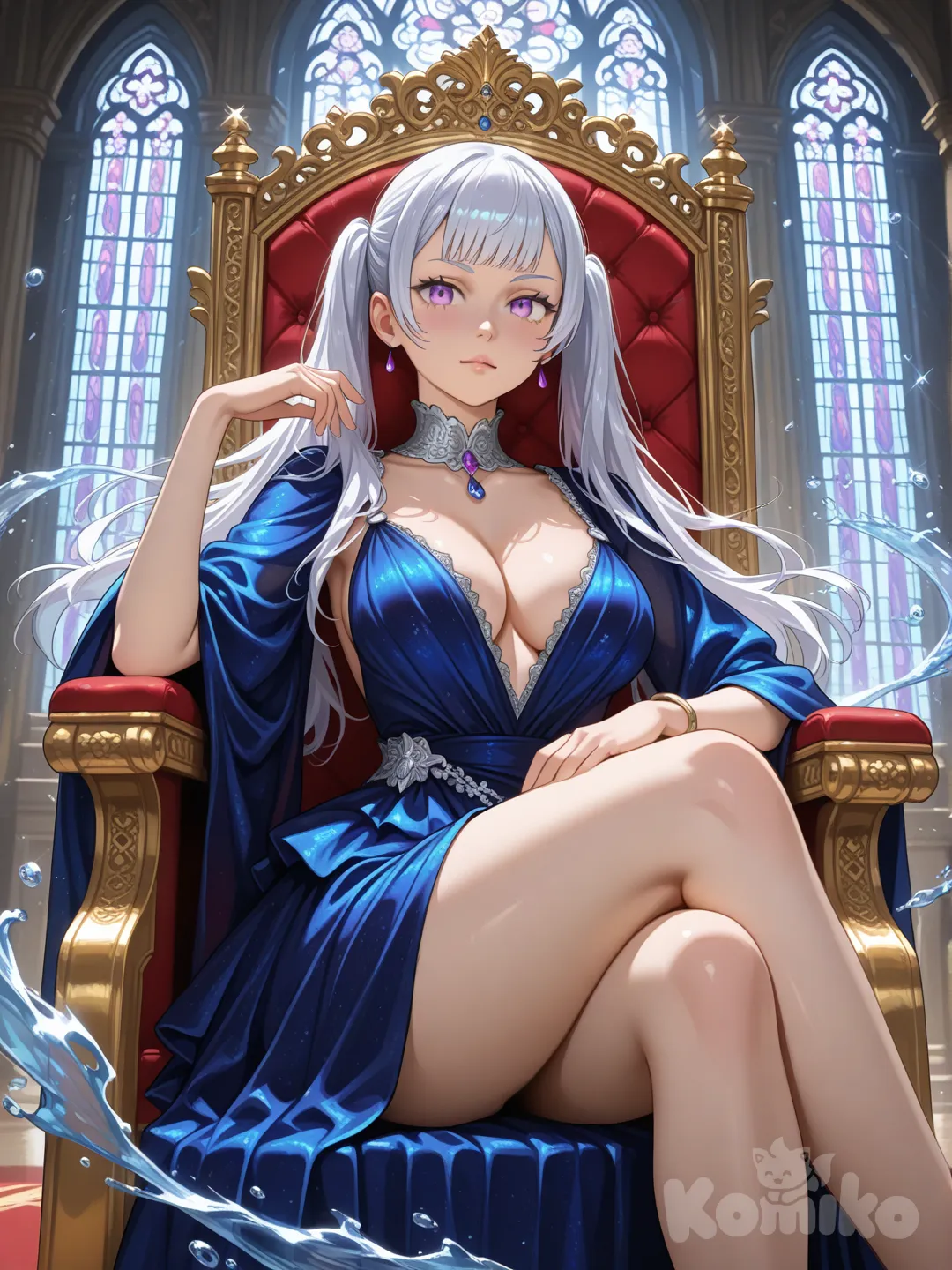 Noelle Silva live-action, silver hair flowing, violet eyes with intense gaze, wearing luxurious royal blue velvet gown with intricate silver embroidery, deep neckline, sitting on ornate golden throne in grand throne room, one leg crossed, hand resting on armrest with subtle water droplets floating around fingers, dramatic soft light from tall stained-glass windows, volumetric god rays, moody blue tones, realistic skin pores and hair strands, epic fantasy portrait, shot on RED camera, 8k, cinematic depth of field