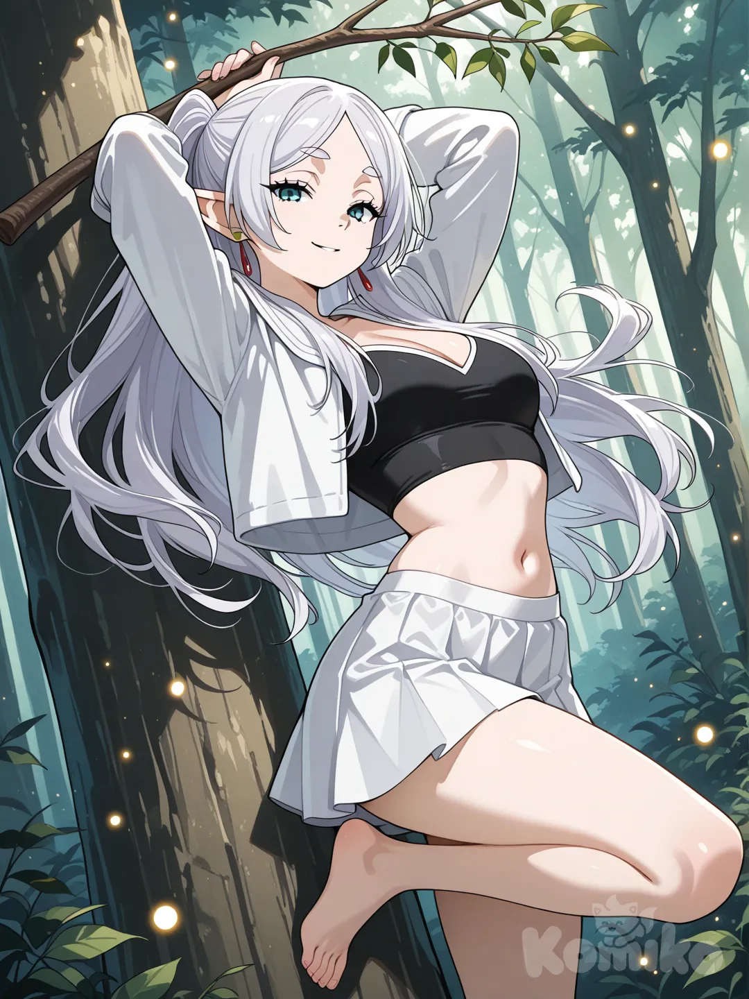 Frieren from Frieren Beyond Journey's End, solo, long white hair flowing, green eyes sultry, seductive expression, white jacket open wide, black top showing midriff and cleavage, white mini skirt, bare thighs, bare legs, standing against tree trunk, back arched, one leg bent with foot against tree, arms raised holding branch above, looking at viewer, dense forest background, magical glowing particles, enchanting sensual mood, full body, anime style