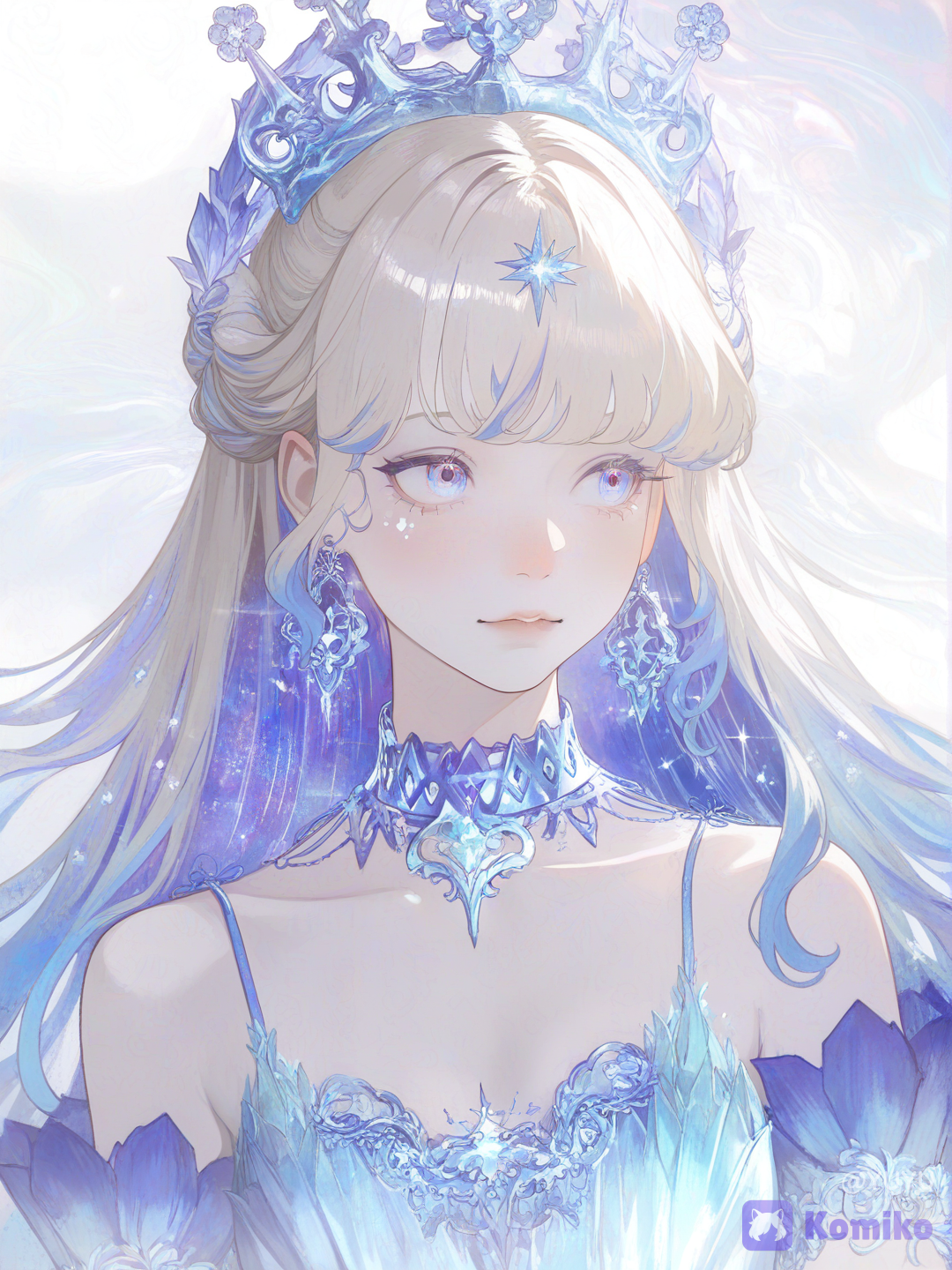 1girl, solo, princess, ethereal beauty, celestial princess, fantasy noble, elegant woman, platinum blonde hair, white blonde hair, long hair, elegant updo, loose curls, side bangs, blue eyes, crystal blue eyes, glossy eyes, long eyelashes, soft blush, rosy cheeks, glossy lips, delicate facial features, doll face, pale skin, flawless skin, porcelain skin, slim figure, graceful posture, looking away, soft expression, elegant pose, upper body, portrait, iridescent dress, holographic dress, crystal dress, shimmering gown, translucent fabric, glittering fabric, sparkling dress, fairy tale dress, luxury gown, spaghetti straps, gemstone choker, crystal necklace, jeweled tiara, forehead jewel, gold earrings, fantasy jewelry, opal aesthetic, pearlescent aesthetic, rainbow reflections, prismatic light, diamond dust, glitter particles, magical sparkle, soft glow, luminous skin, glossy skin, reflective skin, dreamy atmosphere, heavenly atmosphere, celestial light, pastel colors, white background, soft lighting, ambient lighting, cinematic lighting, volumetric lighting, rim lighting, god rays, bloom, lens flare, atmospheric lighting, iridescent highlights, holographic reflections, realistic skin texture, realistic pores, realistic eyes, realistic eyelashes, realistic lips, realistic hair strands, ultra face, highly clothing, intricate fabric details, absurdres, ultra extremely high detail, sharp focus, HDR, premium visual quality, photorealistic lighting, semi-realistic, anime realism, fantasy realism, cinematic composition, luxury portrait, magazine cover, elegant aesthetic, royal elegance, divine beauty, angelic atmosphere, celestial fantasy, opalescent aesthetic, dreamy luxury, @coco-kiss-LGgy, [watercolor-illustration-style]