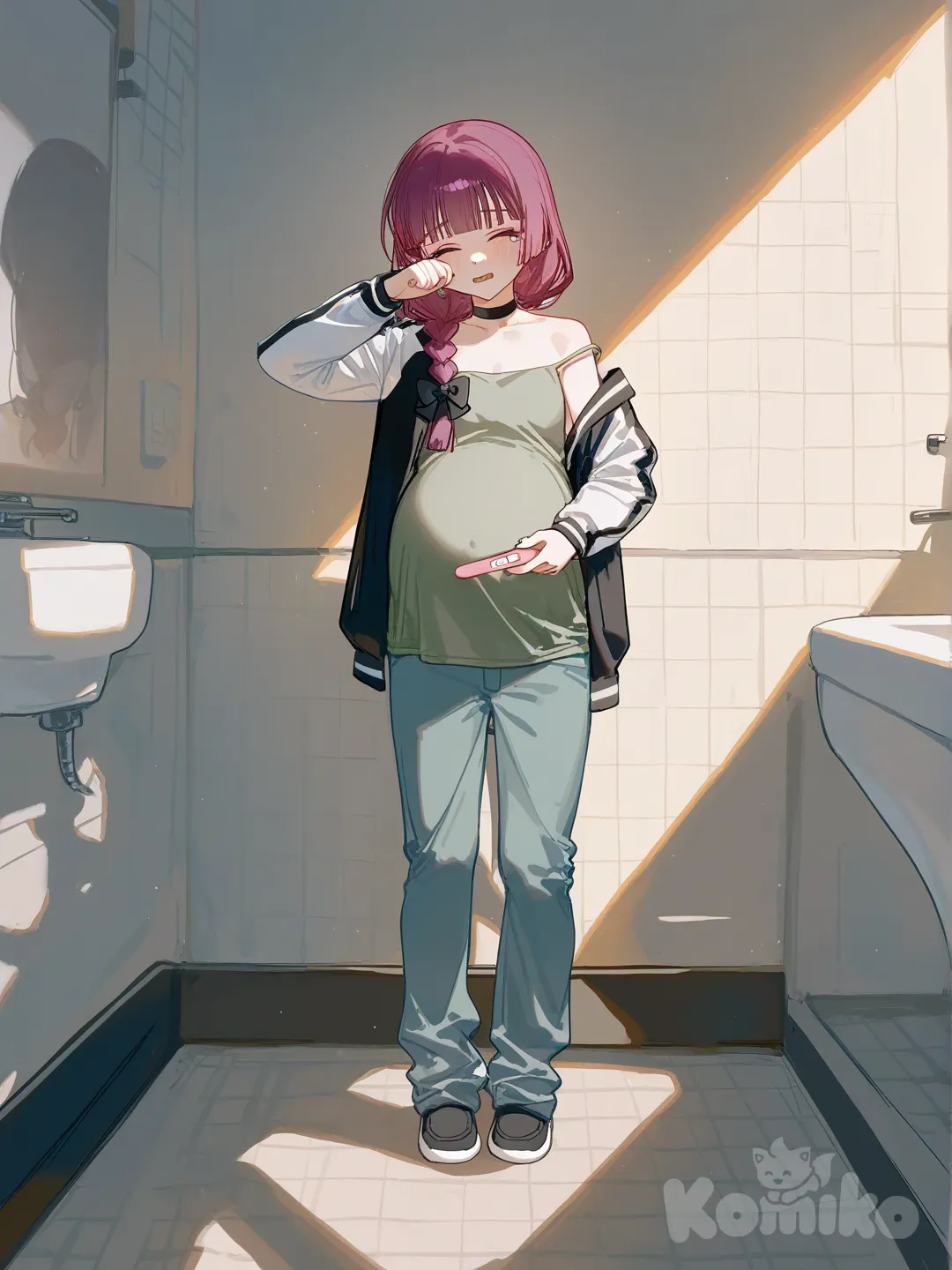 1girl, @Hiroi_Kikuri, [lacquered-illustration-style], wiping tears, crying, striped shirt, casual pants, choker, full body, ambient light, pregnant, holding test, bathroom