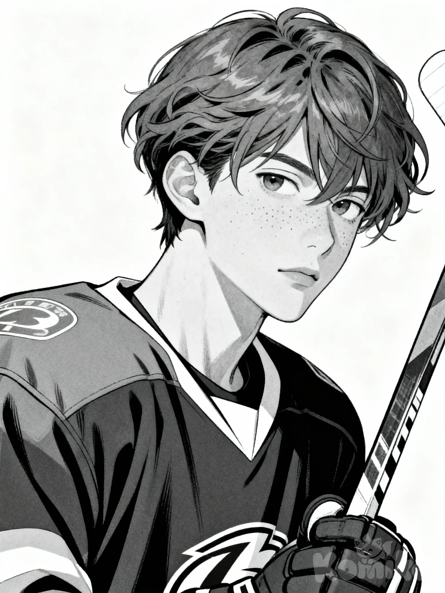 Male character, early 20s, athletic build, wearing modern ice hockey gear.
Hockey jersey slightly loose, shoulder pads subtly visible underneath, protective gloves on, holding a hockey stick casually at his side.
Short to medium-length hair slightly messy, sharp but youthful facial features, focused and calm expression.
Outfit details inspired by professional hockey uniforms, clean design, minimal logos, dark tones with light accents.
Use the reference image for the character's pose and facial expression 

Young male character with refined, elegant facial structure.
Oval-to-slightly-angular face shape with a defined but soft jawline.
Straight, slender nose with a clean profile.
Thin to medium lips, neutral expression, slightly serious or focused demeanor.
Almond-shaped eyes, medium size, slightly hooded upper eyelids, calm and observant gaze.
Eyebrows straight and natural, not overly thick, gently arched.
Light skin tone with visible freckles scattered across cheeks and nose bridge.
Subtle cheekbone definition, not exaggerated.
Neck long and slim, contributing to an elegant silhouette.
Hair:
short length brown hair, soft texture, slightly wavy, natural volume.
Hair parted loosely, with strands falling casually over the forehead and temples.
Overall appearance clean, youthful, understatedly handsome., [grayscale-manga-style]