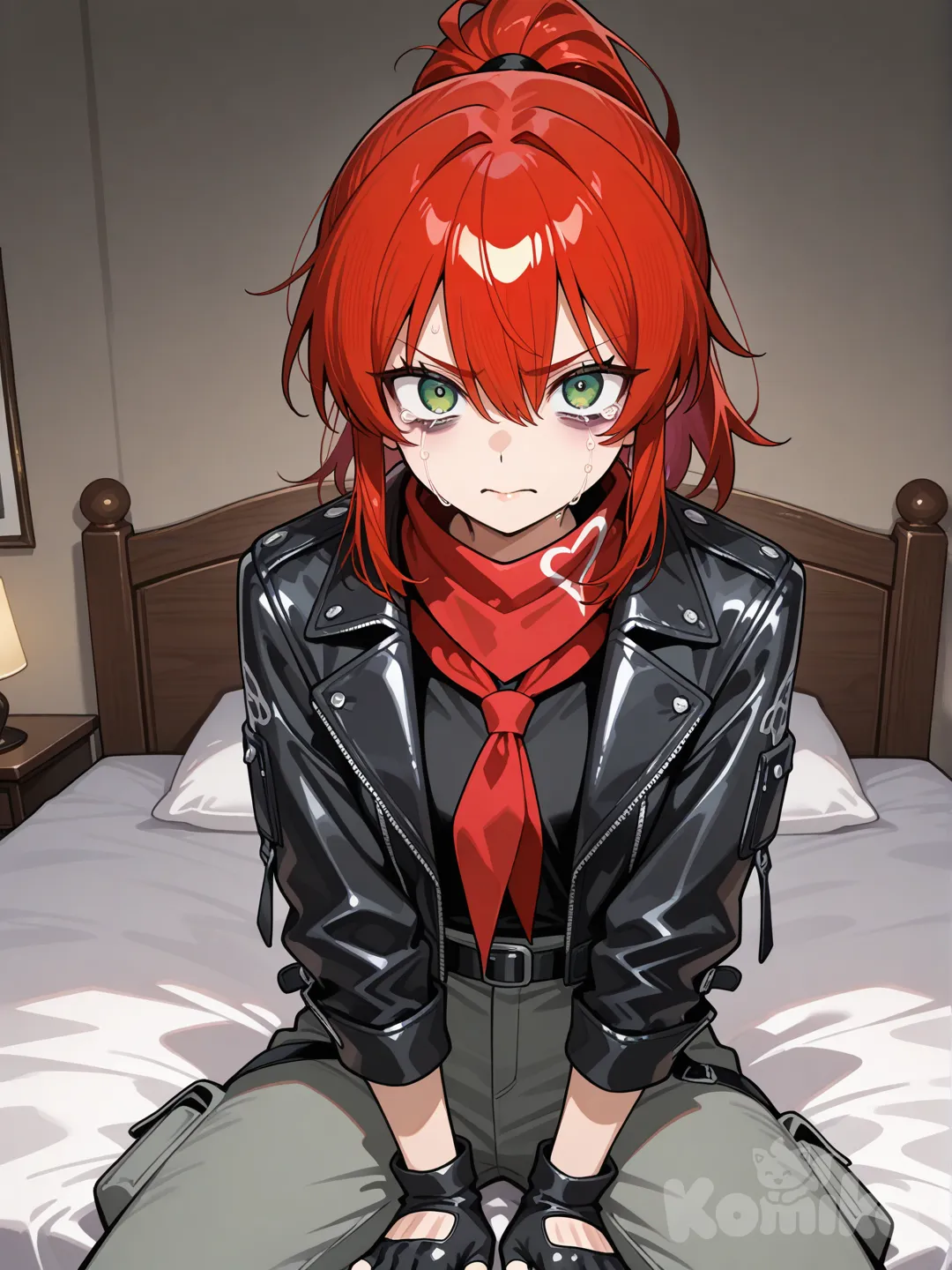 single character, anime style, woman, bright red hair, medium hair, straight hair, high ponytail hairstyle, hair between eyes, Green eyes (wide-open eyes, expressive and alert gaze, upper eyelid lifted high, visible upper white sclera, vivid green irises, sharp anime eye design, energetic emotional expression, slightly raised eyebrows, intense focused look, no droopy eyelid shape), soft circules under eyes, alone, looking at Viewer. Black leather jacket, Black thight shirt, Gray cargo pants, black fingerless gloves, in bedroom, sitting in bed, Red bandana around her neck, crying, mouth closed, scared, hate