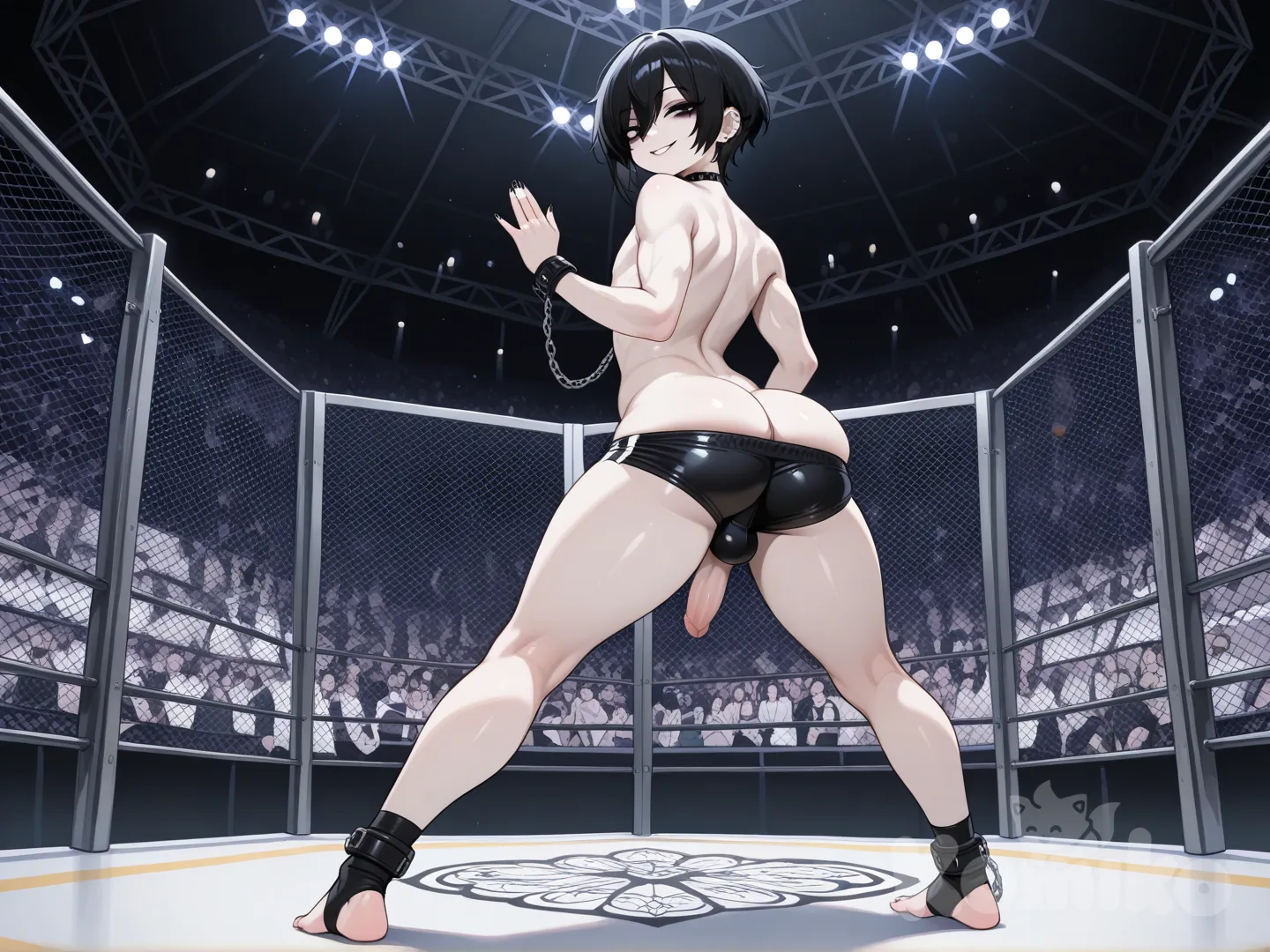 @zoe-hLyg Femboy emo sexy con pene de pelo negro y corto, un poco culon, vestido con ropa de MMA, descalzo con protectores de tobillo para pelear, sin camisa, en una Jaula de pelea MMA, Visto de frente, de pie, cuerpo completo, imagen completa, headshot