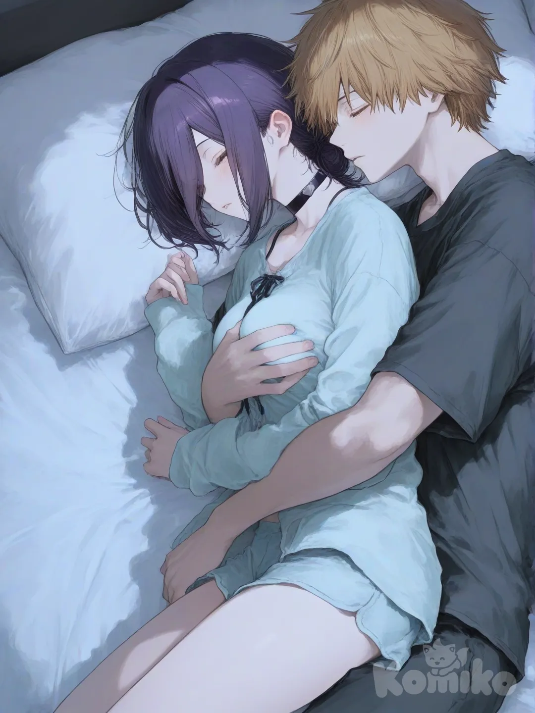 @Denji_(Chainsaw_Man) 趁 @Reze_(Chainsaw_Man) 睡著時，跑到她的房間從後面抱住一起睡覺，抱的是奶, [sweet-pastel-style]