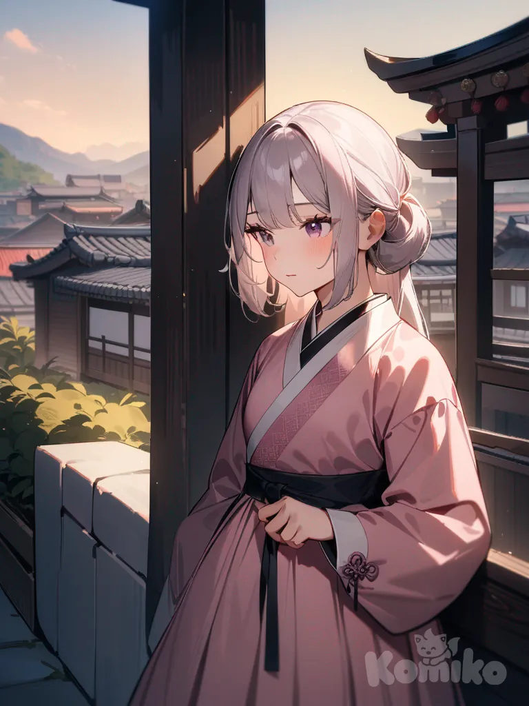 1woman, korean traditional outfit, pale pink color, long sleeves, long length hanbok, leaning against wall, oriental style, thoughtful demeanor, rural city background, bright lighting, waiting someone who she loved