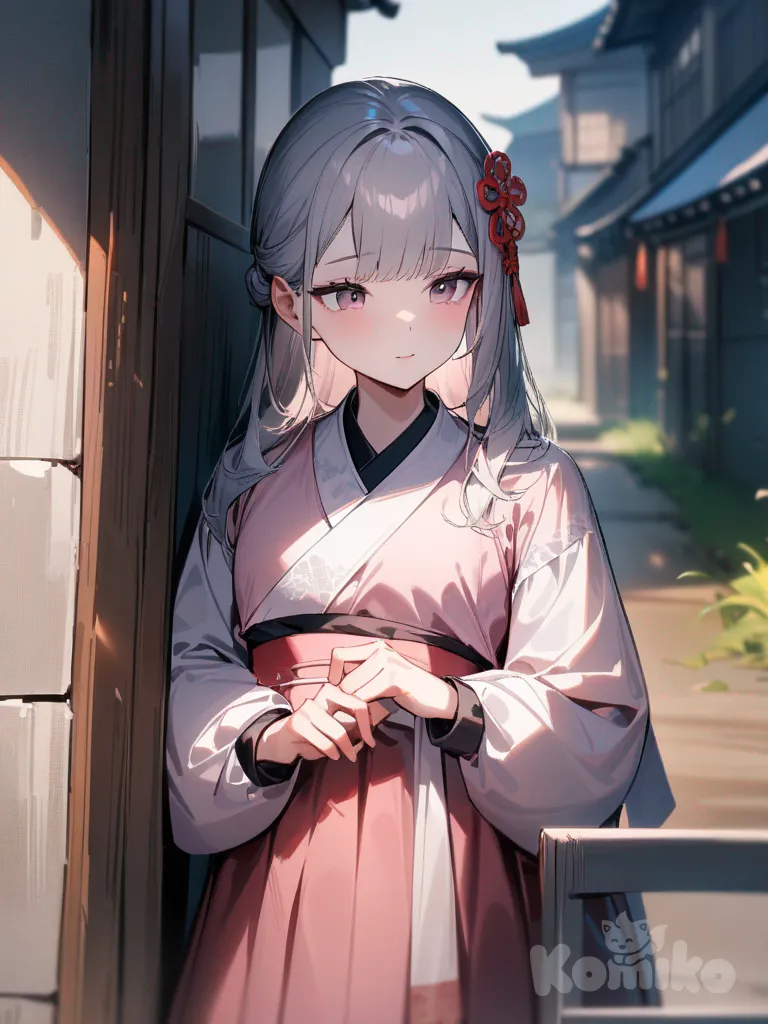 1woman, korean traditional outfit, pale pink color, long sleeves, long length hanbok, leaning against wall, oriental style, thoughtful demeanor, rural city background, bright lighting, waiting someone who she loved