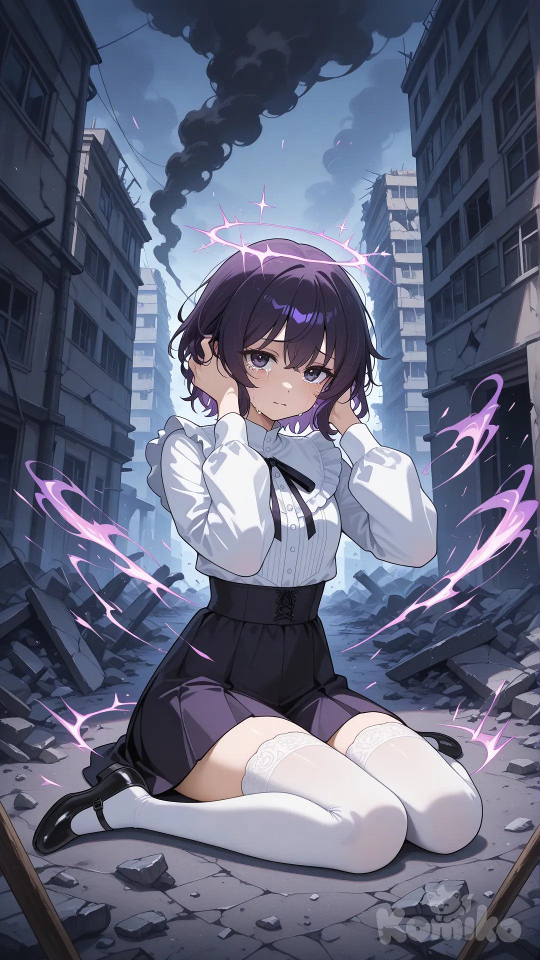 "Anime-style teenage girl, dark purple-black hair, dark purple-black eyes, sitting on the ground crying, holding her head with both hands, looking guilty and distressed. Wearing elegant yet simple clothing — a stylish, well-fitted light-colored blouse, a skirt, and white stockings. Amber magical glow subtly around her. Uncontrolled gravity powers radiate from her, causing debris and broken objects to float chaotically around her. Background: destroyed city with collapsed buildings, broken walls, scattered debris, shattered windows, twisted metal, smoke rising, soft mist, and faint magical sparks in the air, creating a dramatic and emotional atmosphere.