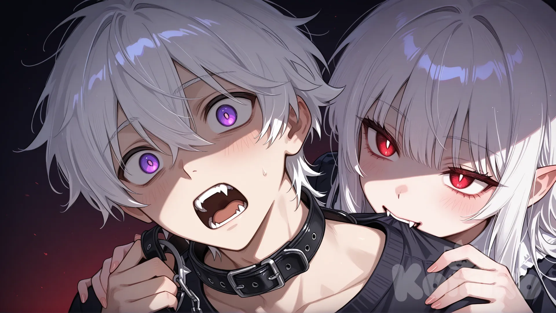 A white-haired girl with glowing red eyes leans in closely and bites the neck of a white-haired teenage boy with soft purple eyes. The boy’s expression shows shock and weakness, while the girl’s face is cold, elegant, and predatory like a vampire. Her fangs press gently into his skin without visible blood. The boy’s body tilts slightly as she holds him by the shoulder or collar. The atmosphere is dark and intense, with a faint red glow around the girl’s eyes and soft shadows surrounding the scene. The mood is dramatic, dangerous, and supernatural, but without graphic details., 2people, hugging
