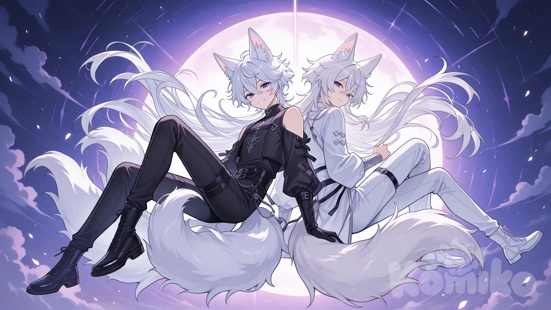 Anime style, Two versions of the same teenage boy standing together. The first is a normal version: white hair, purple eyes, slender build, wearing a stylish fantasy outfit, no fox ears or tails. The second version is the fox version: same white hair and purple eyes, but with nine fluffy white fox tails and matching fox ears, wearing a similar outfit. Both are standing side by side, facing forward, with playful and confident expressions. Anime-style, highly vibrant colors, cinematic lighting, dynamic hair and tail movement, back to back