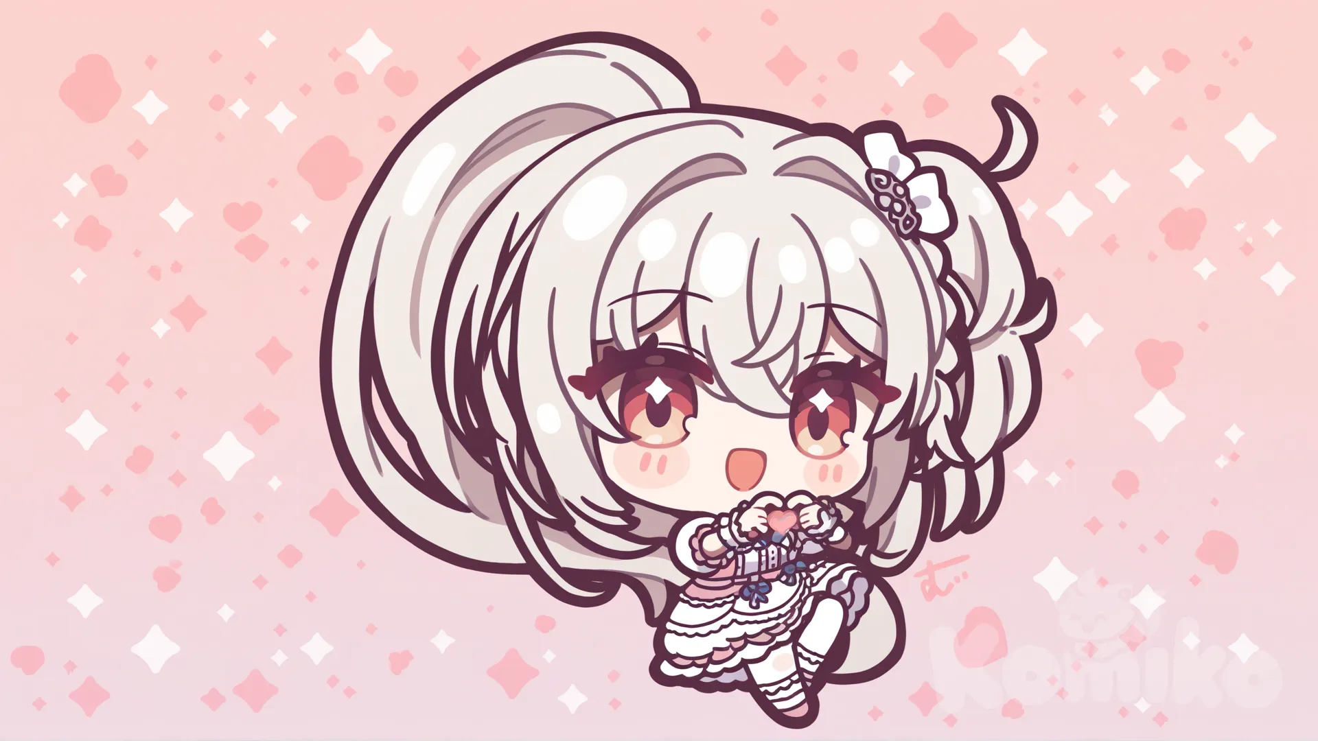 A chibi-style girl with white hair and red eyes, dancing and singing joyfully. She is making a heart shape with her hands. Her expression is cheerful and energetic, full of happiness. Background is bright and cute, with soft pastel colors and a fun, lively atmosphere.", heart hands, expressionless, [glossy-chibi-style]