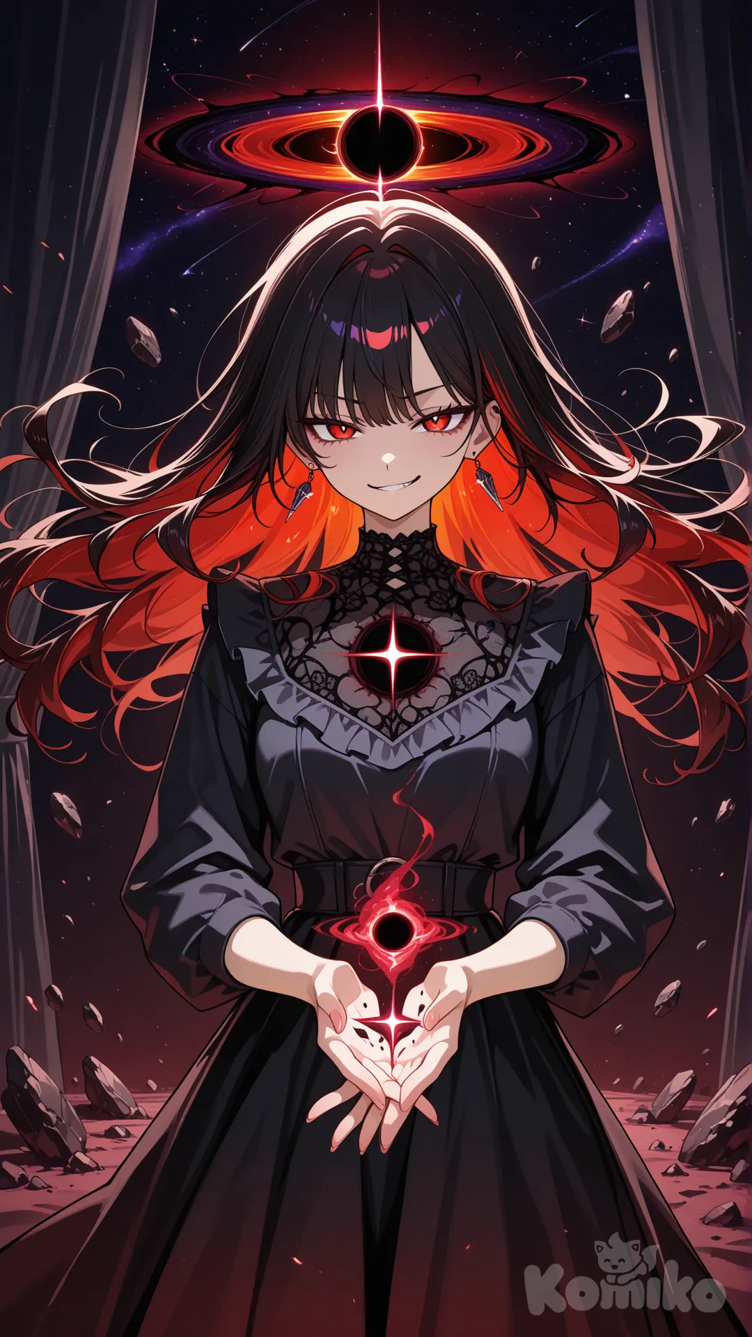 Anime style. A teenage girl with black hair on the outside and vivid red hair on the inside appears in a half-body shot, floating effortlessly in midair. Her sharp red eyes radiate an intimidating, regal arrogance. Her outfit is simple and clean, focusing on the upper body only. Several miniature swirling black holes orbit around her shoulders and behind her. She extends one hand forward, where a black-and-red singularity forms in her palm, crackling with chaotic gravitational energy. Broken stone fragments drift in the background as if caught in her power. Red-and-black cosmic energy drapes flow behind her like living curtains, creating a dramatic, dark, and dynamic atmosphere. Highly dynamic lighting, dark cosmic aesthetic., earrings, smirk, starry sky, cosmic background