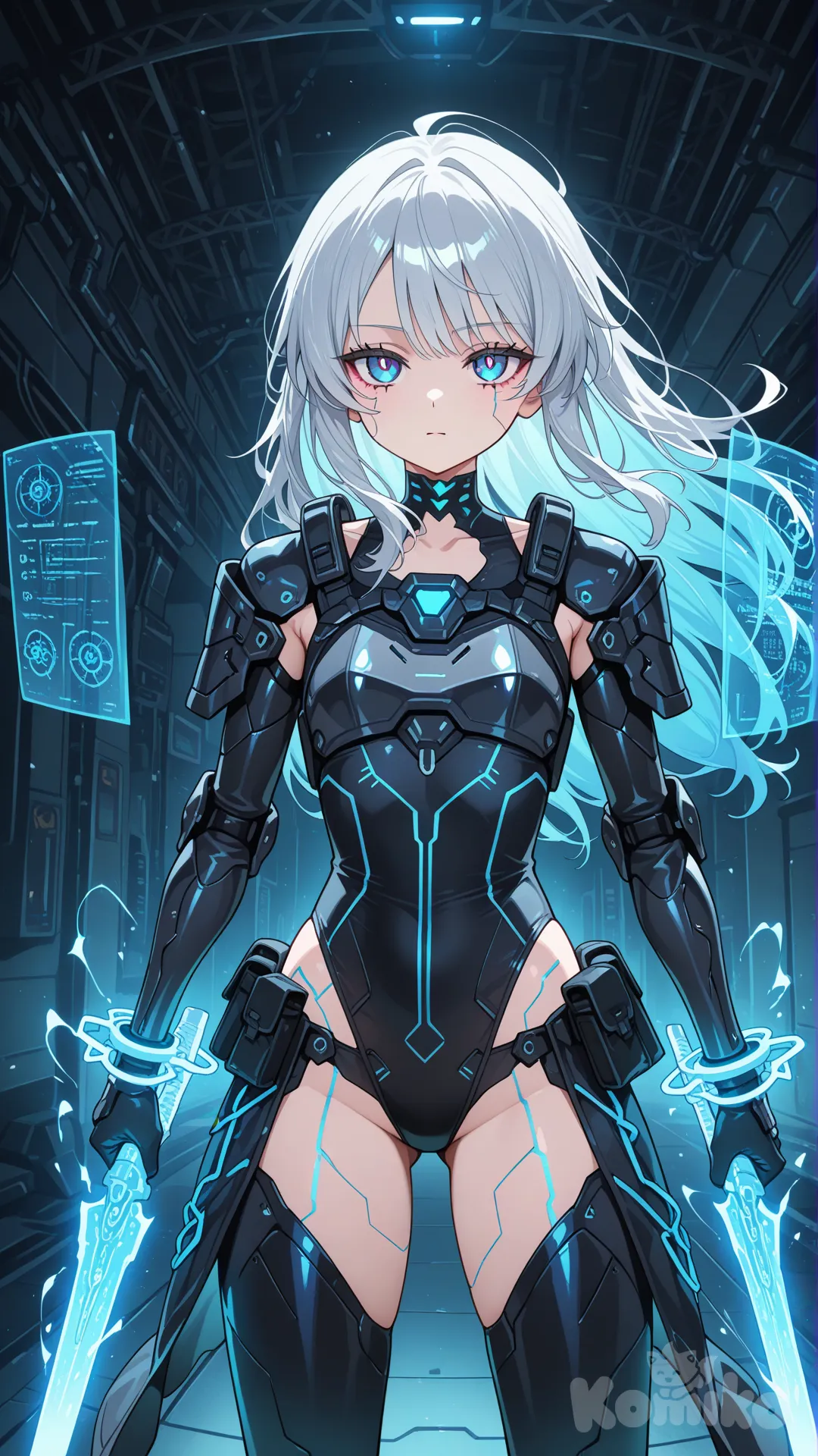 Anime style. A small-built teenage girl with long silver hair fading into icy blue at the tips stands in a sleek hi-tech combat outfit. Her suit is form-fitting in a functional, non-revealing way—dark metallic fabric with glowing cyan circuit-like lines running along her arms, torso, and shoulders. Lightweight armor plates are attached at key points: her forearms, collarbone, and sides, giving a futuristic tactical vibe.

She wields a dual-bladed chained weapon, but now the chain glows faint neon blue, as if powered by energy pulses. The two blades are shaped like high-tech daggers with illuminated edges, humming softly with power.

Her red or blue eyes (your choice) scan forward calmly, calculating every angle. Small holographic screens flicker around her wrists, showing targeting data and weapon sync status. The air around her carries a faint blue glow, making her look like a cyber-assassin built for speed, precision, and silent strikes.