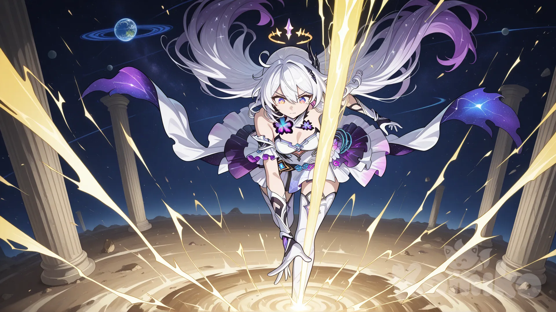 Anime-style white-haired woman with piercing golden eyes hovers high above the sky, looking down with a contemptuous glare as if the world beneath her is insignificant. Her hair flows upward from the sheer force of her power. She raises one hand, and a massive pillar of golden-white energy ignites in her palm, swirling like a newborn star compressed into a single point. As she unleashes the attack toward the ground, the sky tears open with crackling arcs of golden lightning. Shockwaves distort the air around her, warping space like heated glass. Below, the earth begins to fracture into glowing lines, as if the planet itself cannot withstand the descending energy. The beam stretches downward like a divine judgment, bright enough to swallow shadows and powerful enough to imply that a single strike could shatter continents. A halo of shimmering gold forms behind her, but instead of purity, it radiates overwhelming dominance — the kind that makes everything beneath her feel tiny and helpless., _(Herrscher_Of_Finality), @Kiana_Kaslana_(Herrscher_Of_Finality)