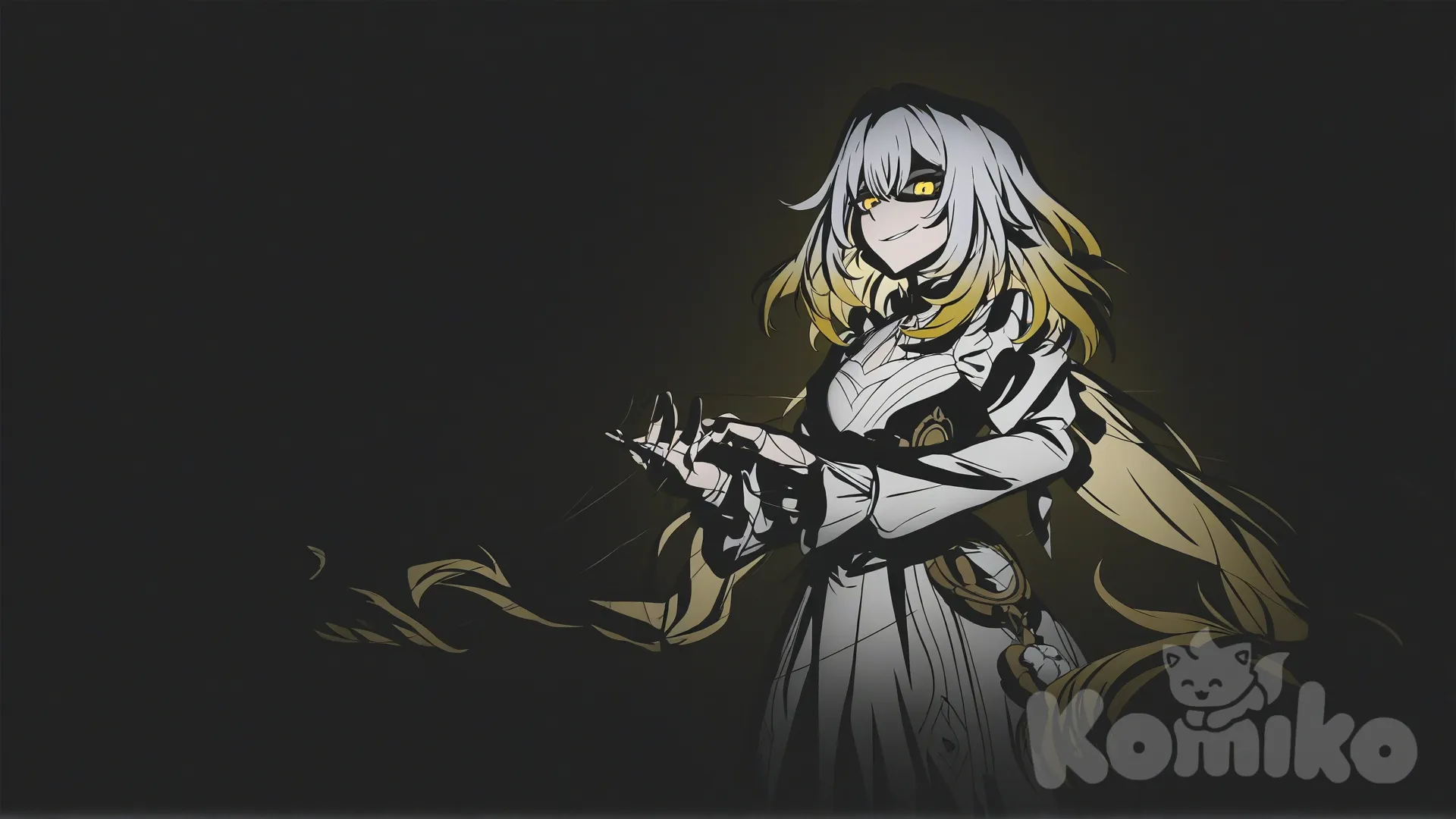 "หญิงสาวผมสีขาว ปลายผมสีทอง ดวงตาสีทอง ชุดสีขาว ยืนอยู่ในท่าทางของผู้ควบคุม กำลังชักใยหุ่นเชิดด้วยเส้นด้ายรอบนิ้วมือ ราวกับเป็นผู้อยู่เบื้องหลังทุกการเคลื่อนไหว ใบหน้าเผยรอยยิ้มเจ้าเล่ห์ นัยน์ตาเจ้าแผนการ ฉากหลังมืดลึก มีแสงเงาตัดกันชัดเจน บรรยากาศลึกลับ อำนาจ และการควบคุม @Pom-Pom_(Honkai:Star_Rail), [bright-anime-style]