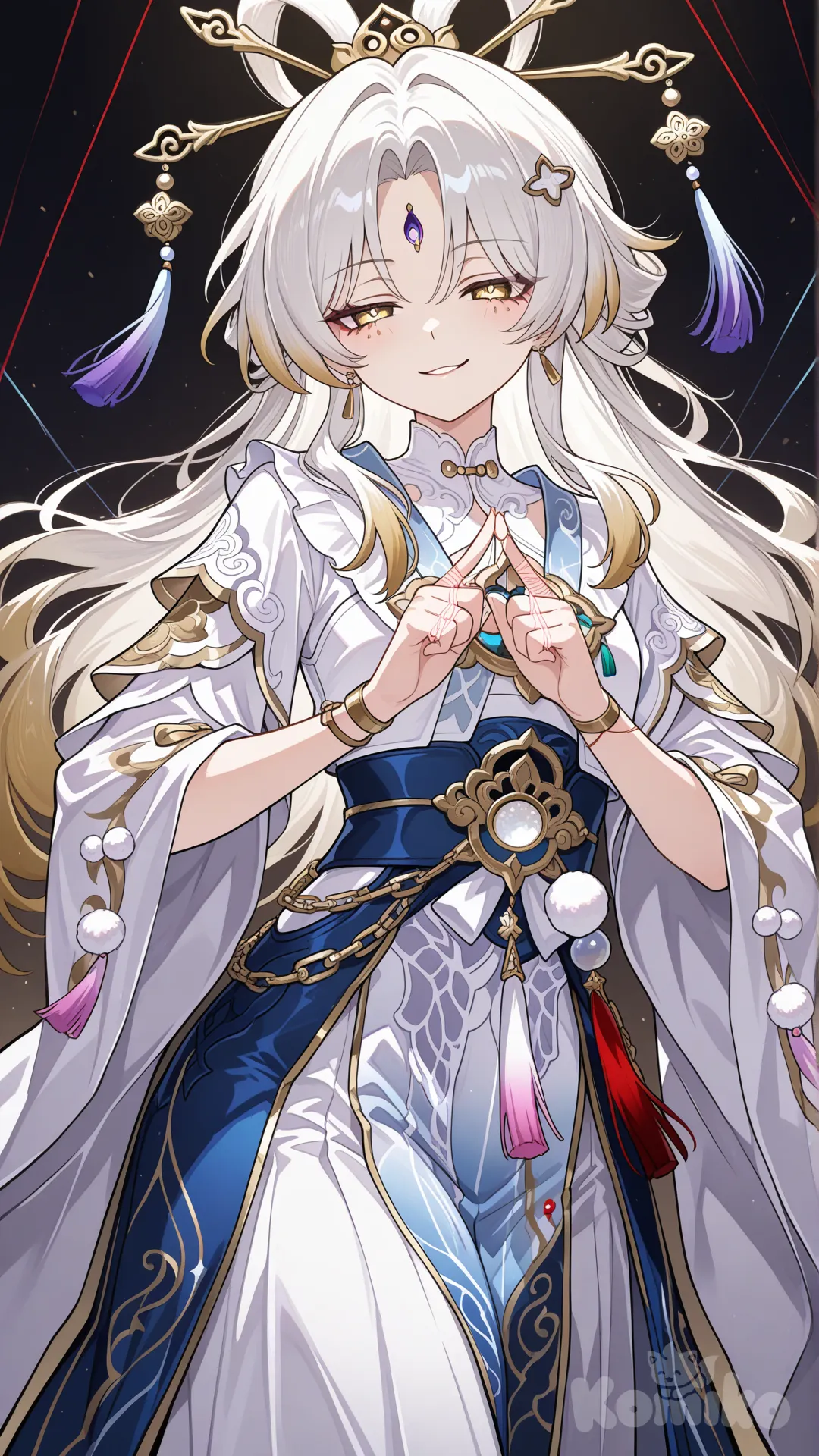 "หญิงสาวผมสีขาว ปลายผมสีทอง ดวงตาสีทอง ชุดจีนโบราณสีขาว ยืนอยู่ในท่าทางของผู้ควบคุม กำลังชักใยหุ่นเชิดด้วยเส้นด้ายรอบนิ้วมือ ราวกับเป็นผู้อยู่เบื้องหลังทุกการเคลื่อนไหว ใบหน้าเผยรอยยิ้มเจ้าเล่ห์ นัยน์ตาเจ้าแผนการ บรรยากาศลึกลับ อำนาจ และการควบคุม @Pom-Pom_(Honkai:Star_Rail)