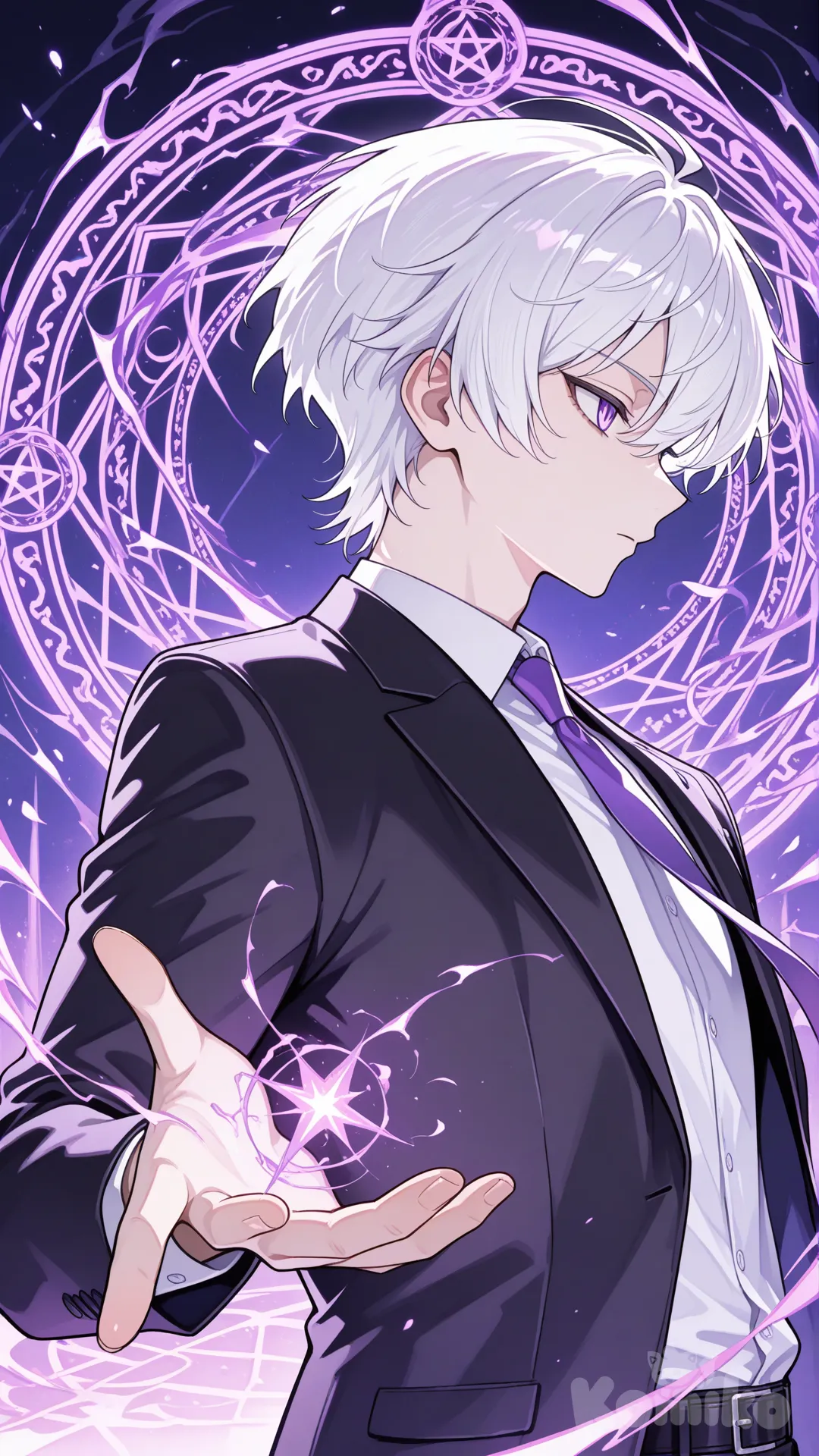 ตัวละครชายผมขาวดวงตาสีม่วงอ่อนใส่ชุดสูทปลด กระดุมสีดำเน็กไทค์สีม่วง เสื้อด้านในสีขาวยืนครึ่งตัว , anime, [glossy-anime-style], colored pencil (medium), side profile photo ตั้งท่าเตรียมพุ่งโจมตีจะร่ายเวทย์มนตร์โจมตี ที่มีวงเวทย์มนตร์สีม่วงที่ฝ่ามือ, expressionless