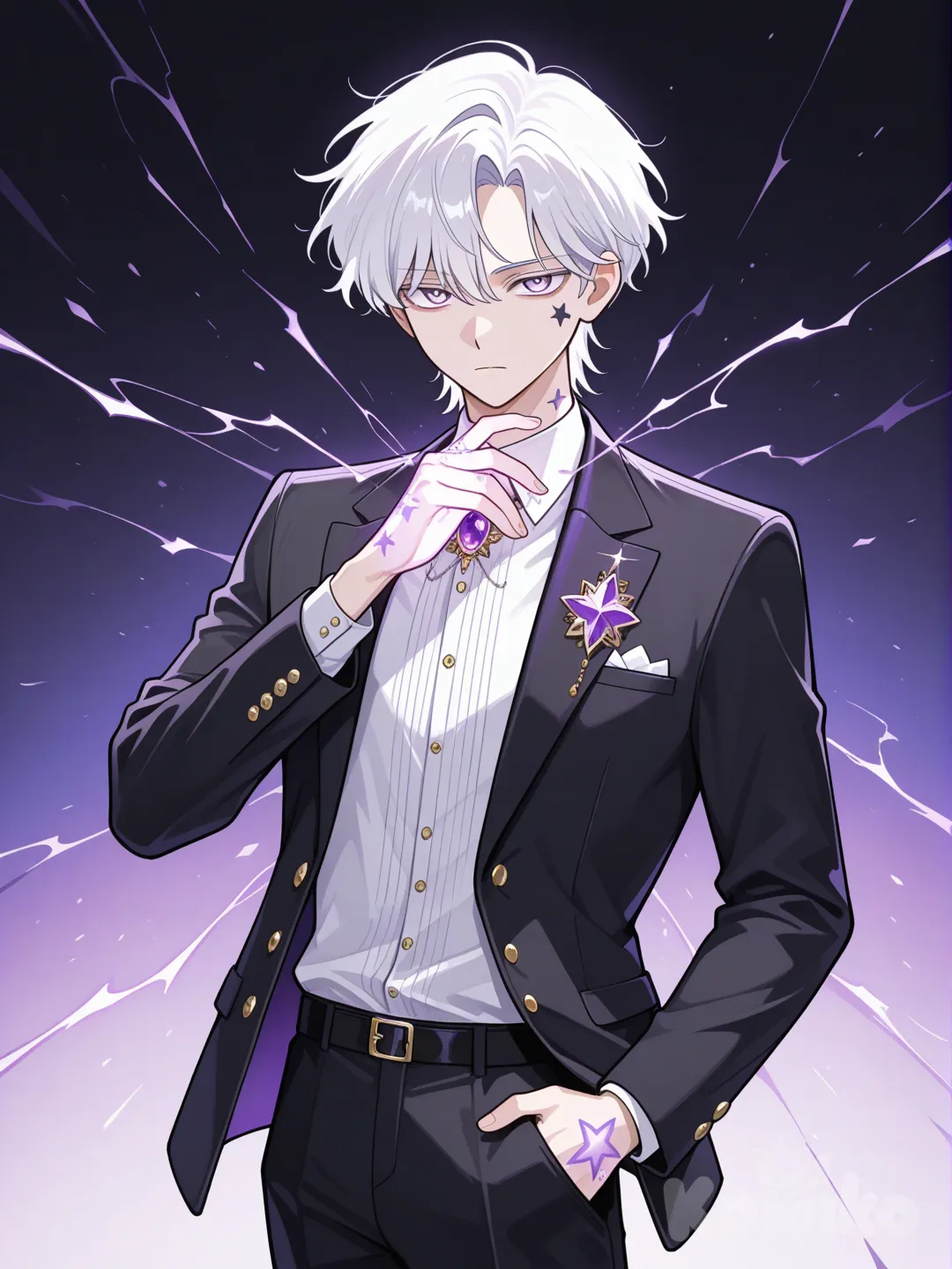 ผู้ชายผมขาว ดวงตาสีม่วงอ่อน มองไปข้างหน้าอย่างมั่นคง พร้อมกับเอามือข้างซ้ายล้วงกระเป๋ากางเกงไว้ และใช้มือขวายื่นมือไปบนอากาศและมีดวงดาวรอยอยู่ ใส่ชุดเบลเซอร์สีดำ ปลดกระดุมสีทอง เสื้อแขนยาวด้านในเสื้อสีขาว กางเกงขายาวสีดำ มีเข็มกลัดสีม่วงไว้ที่หน้าอก แต่งกายเรียบร้อย, anime, Webtoon Anime Style , hands in pockets, expressionless