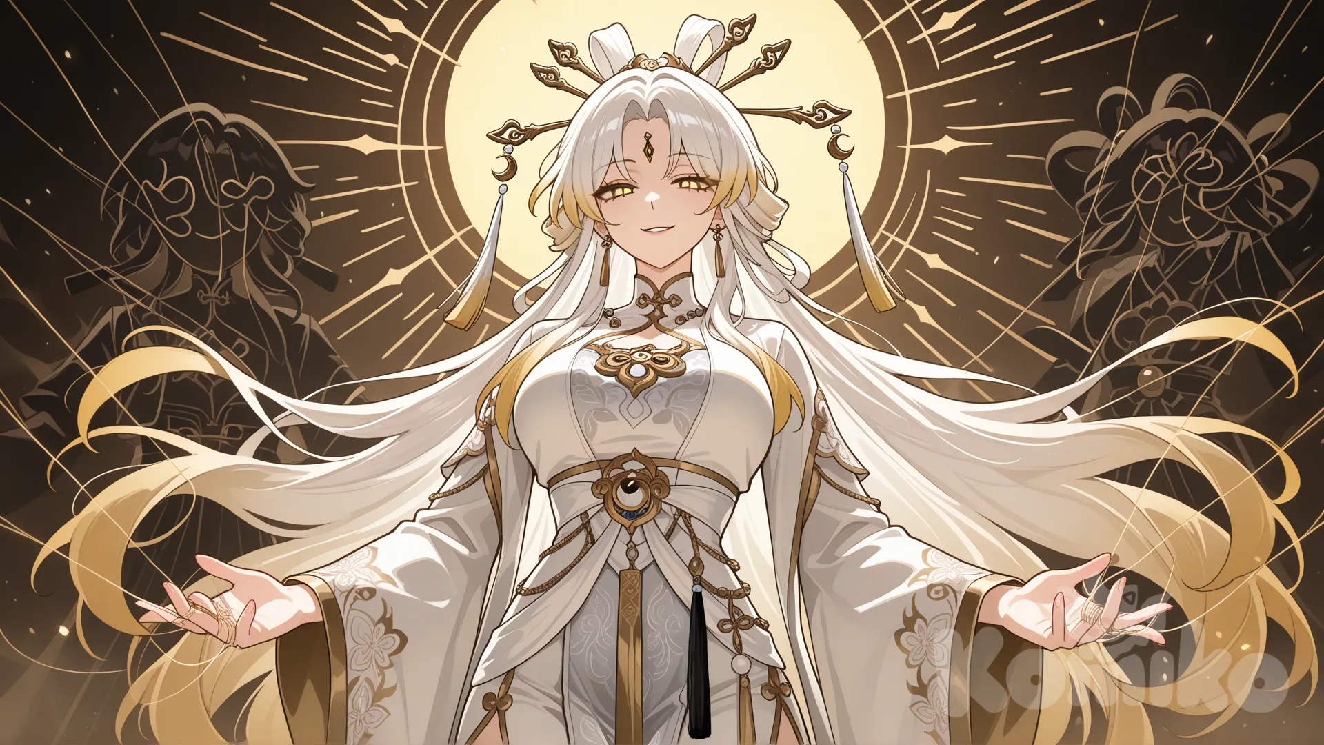 Webtoon anime style"หญิงสาวผมสีขาว ปลายผมสีทอง ดวงตาสีทอง ชุดจีนโบราณสีขาว รูปร่างดูเป็นผู้ใหญ่สวยงามราวกับเทพธิดา ยืนอยู่ในท่าทางของผู้ควบคุม กำลังชักใยหุ่นเชิดด้วยเส้นด้ายรอบนิ้วมือ ราวกับเป็นผู้อยู่เบื้องหลังทุกการเคลื่อนไหว ใบหน้าเผยรอยยิ้มเจ้าเล่ห์ นัยน์ตาเจ้าแผนการ บรรยากาศลึกลับ อำนาจ และการควบคุม, @Pom-Pom_(Honkai:Star_Rail)