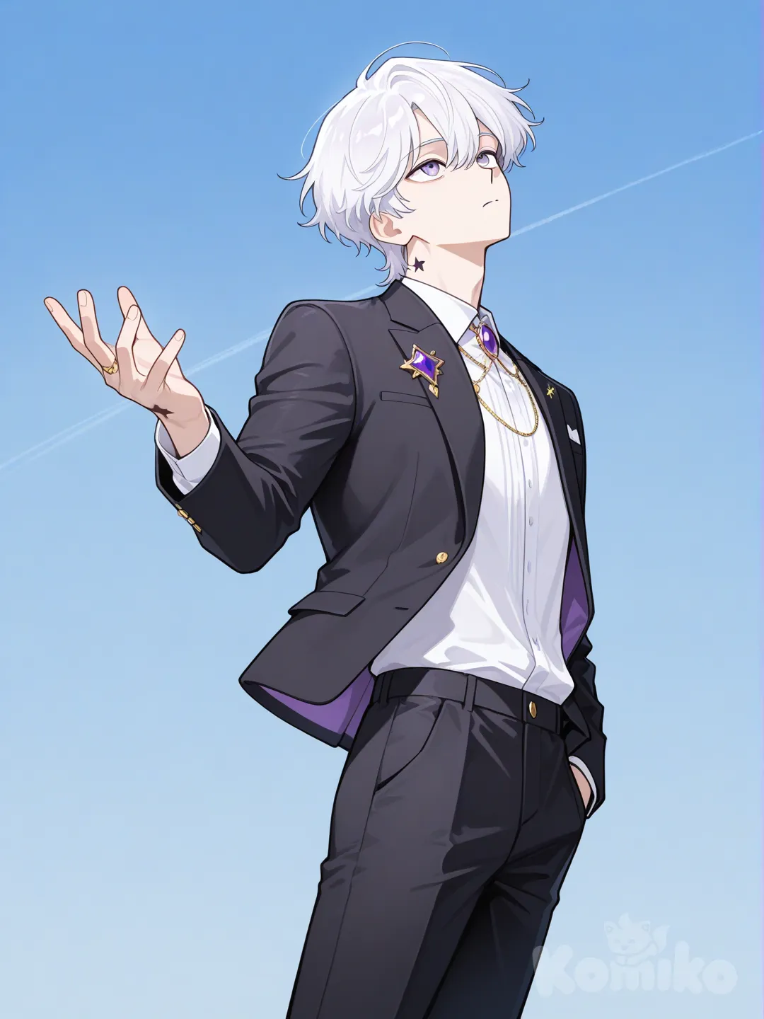 ผู้ชายผมขาว ดวงตาสีม่วงอ่อน กำลังยืนหันหน้าไปด้านซ้าย เงยหน้ามองท้องฟ้า พร้อมกับเอามือข้างซ้ายล้วงกระเป๋ากางเกงไว้ และใช้มือขวายื่นมือไปบนอากาศและมีดวงดาวรอยอยู่ ใส่ชุดเบลเซอร์สีดำ ปลดกระดุมสีทอง เสื้อแขนยาวด้านในเสื้อสีขาว กางเกงขายาวสีดำ มีเข็มกลัดสีม่วงไว้ที่หน้าอก แต่งกายสุภาพ, anime, Webtoon Anime Style , hands in pockets, expressionless