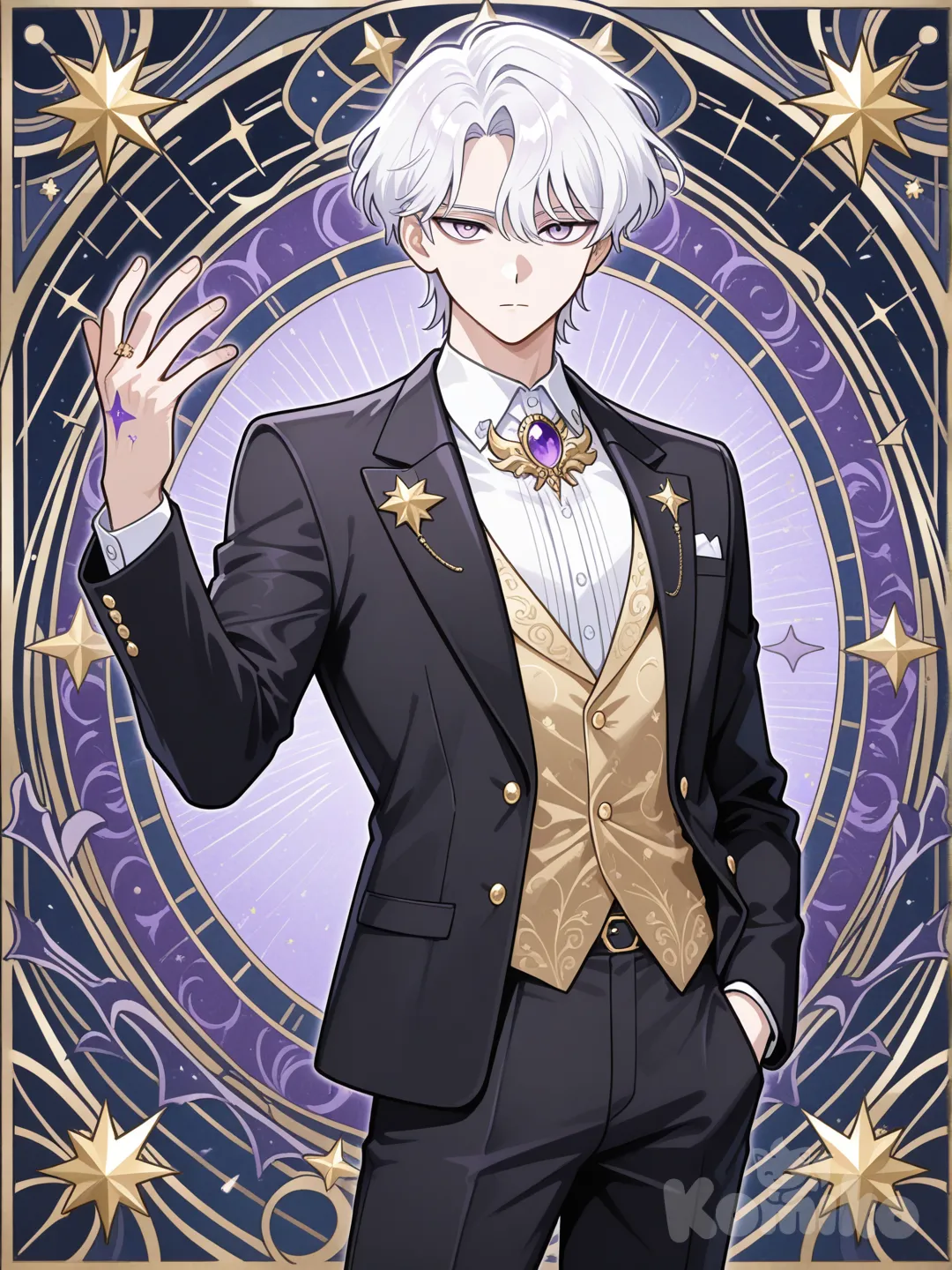 ผู้ชายผมขาว ดวงตาสีม่วงอ่อน มองไปข้างหน้าอย่างมั่นคง พร้อมกับเอามือข้างซ้ายล้วงกระเป๋ากางเกงไว้ และใช้มือขวายื่นมือไปบนอากาศและมีดวงดาวรอยอยู่ ใส่ชุดเบลเซอร์สีดำ ปลดกระดุมสีทอง เสื้อแขนยาวด้านในเสื้อสีขาว กางเกงขายาวสีดำ มีเข็มกลัดสีม่วงไว้ที่หน้าอก แต่งกายสุภาพ, anime, Webtoon Anime Style , hands in pockets, expressionless
