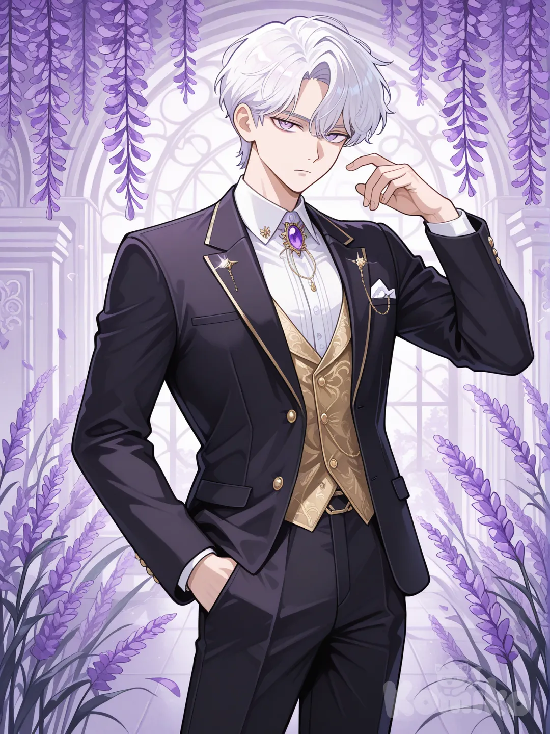 ผู้ชายผมขาว ดวงตาสีม่วงอ่อน มองไปข้างหน้าอย่างมั่นคง พร้อมกับเอามือข้างซ้ายล้วงกระเป๋ากางเกงไว้ และใช้มือขวายื่นมือไปบนอากาศ ใส่ชุดเบลเซอร์สีดำ ปลดกระดุมสีทอง เสื้อแขนยาวด้านในเสื้อสีขาว กางเกงขายาวสีดำ มีเข็มกลัดสีม่วงไว้ที่หน้าอก แต่งกายเรียบร้อย, anime, Webtoon Anime Style , hands in pockets, expressionless