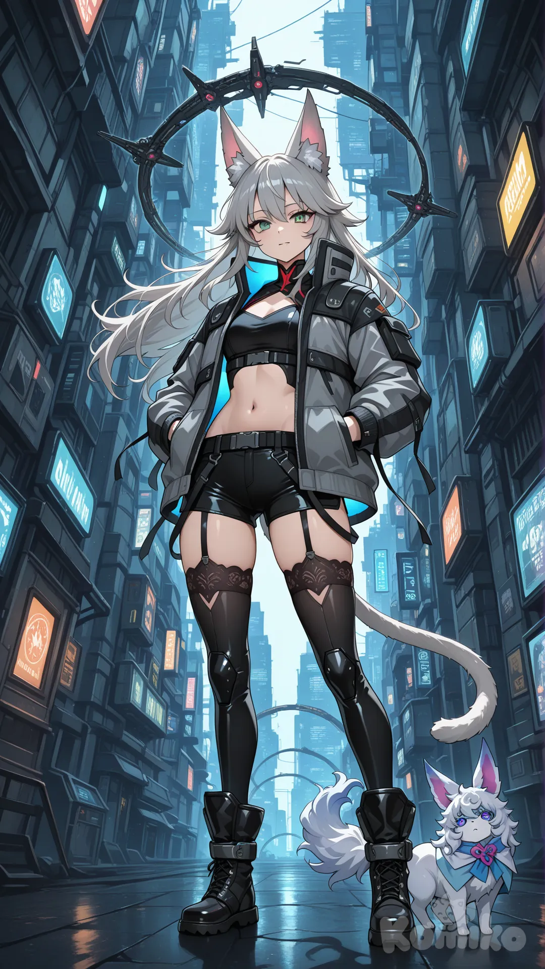 ผู้หญิงวัยรุ่น ผมสีเทา ดวงตาสีเทา มีหูและหางแมวสีเทา

สวมเสื้อผ้าสไตล์เรียบง่าย คล่องตัว ดูเป็นอิสระ เหมาะกับการผจญภัย
ใส่ถุงน่องสีดำยาวถึงต้นขา และรองเท้าสไตล์ไฮเทคแนวอนาคต

ท่าทางมั่นใจ เป็นธรรมชาติ สีหน้าเรียบสงบ

ฉากหลังเป็นโลกแฟนตาซีผสมไซไฟ แสงนุ่ม เงาสวย

ภาพสไตล์อนิเมะ รายละเอียดสูง องค์ประกอบสวยงาม, @Fou_(Fate)