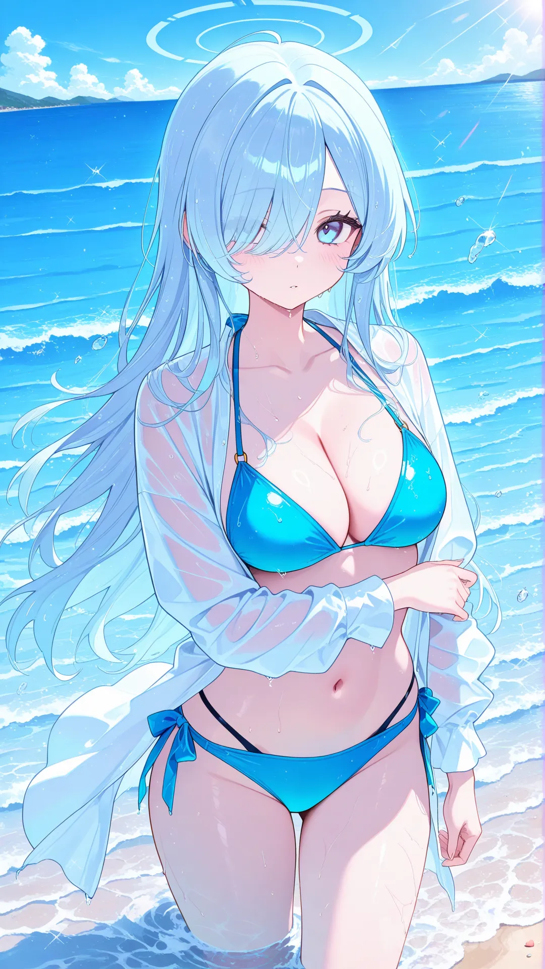 ผู้หญิงผมยาวสีฟ้าอ่อน ดวงตาสีฟ้าอ่อน ใส่ชุดว่ายน้ำ และกำลังเล่นน้ำอยู่ พื้นหลังเป็นทะเล