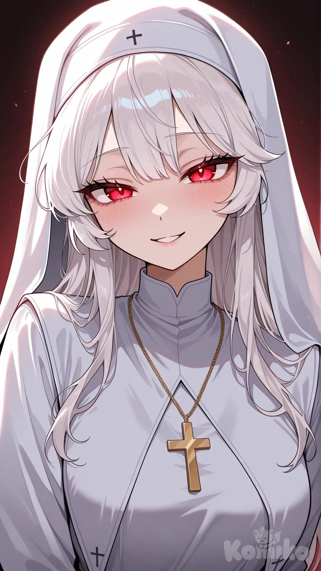 สร้างรูปผู้หญิงวัยรุ่น ที่ได้รับแรงบันดาลใจมาจากแม่ชีชุดขาว ผมขาว ตาสีแดง ท่าทางมีเสน่ห์ webtoon anime style