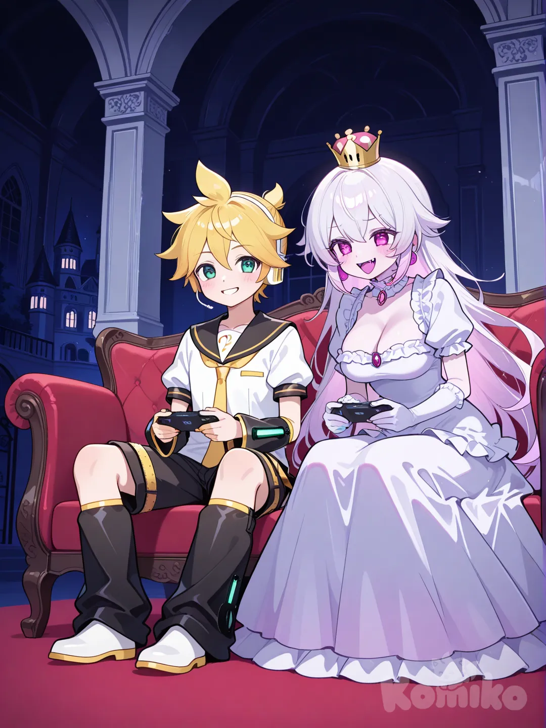 @Kagamine_Len, @Princess_King_Boo juegan juntos juegos, full body, castle