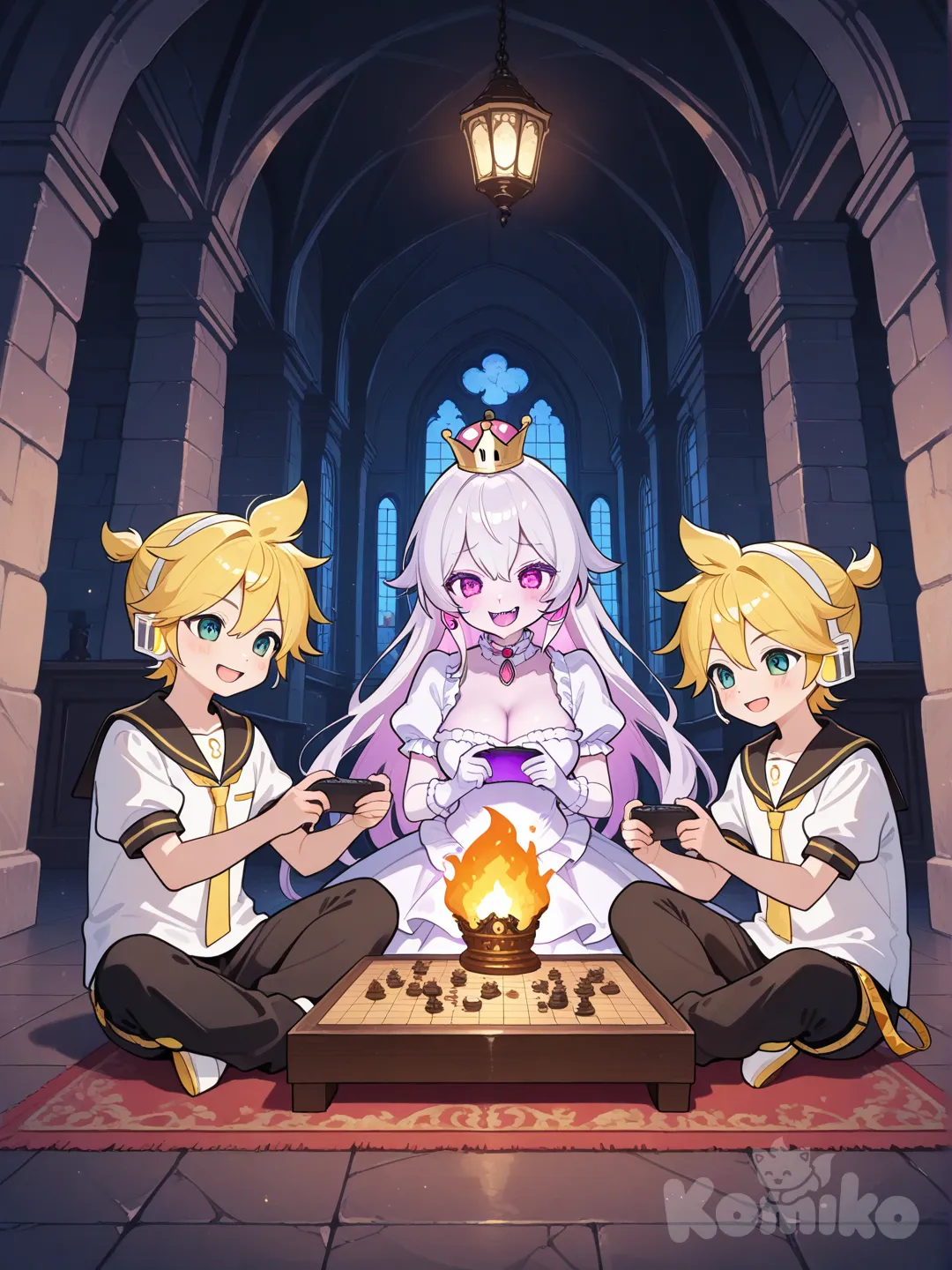 @Kagamine_Len, @Princess_King_Boo juegan juntos juegos, full body, castle teniendo 1 hijo