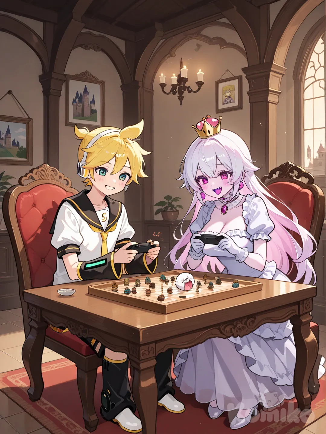 @Kagamine_Len, @Princess_King_Boo juegan juntos juegos, full body, castle teniendo 1 hijo