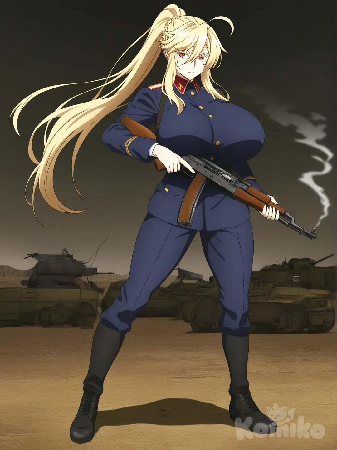 huge breasts, 1girl, [bright-anime-style], artoria pendragon (lancer) (fate), military, ak47, cigarette, Soviet Union