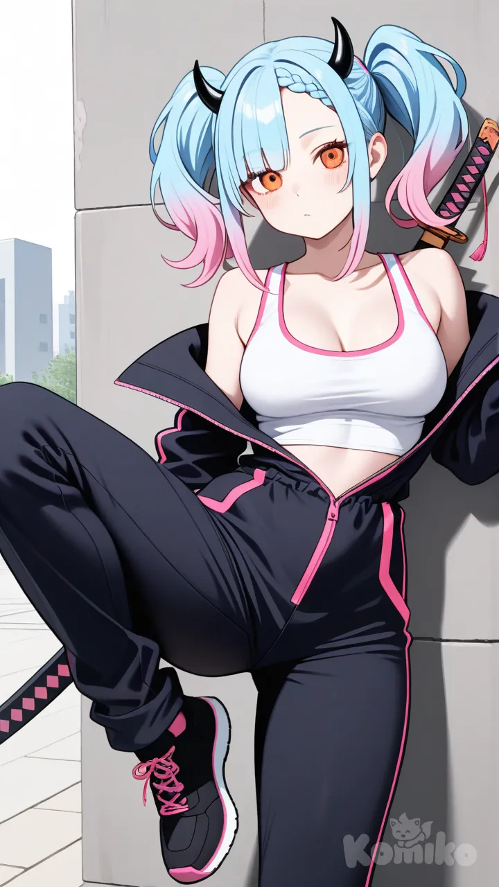 cradium blue hair, long bangs, orange eyes, light skin, teenage, 5 feet 2 inches, fit athletic, seductive, medium breasts,pink and black katana, black and pink trim jumpsuit, white mini tank top, leaning against wall, leg up, black horns coming out of forehead pink tips, twin tails, braided hair, 1girl