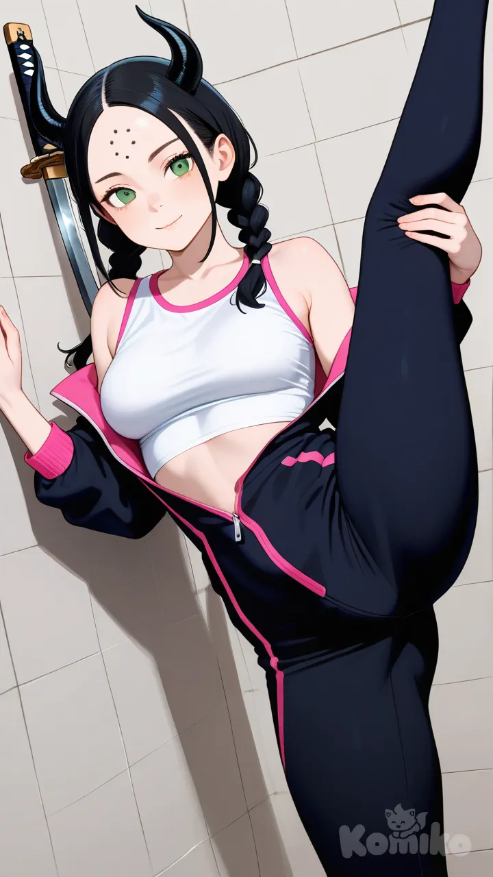 Orange and black hair , green eyes, light skin, teenage, 5 feet 2 inches, fit athletic, seductive, medium breasts,pink and black katana, black and pink trim jumpsuit, white mini tank top, leaning against wall, leg up, 1 black horns coming out of center of forehead, twin tail braided hair, 1girl