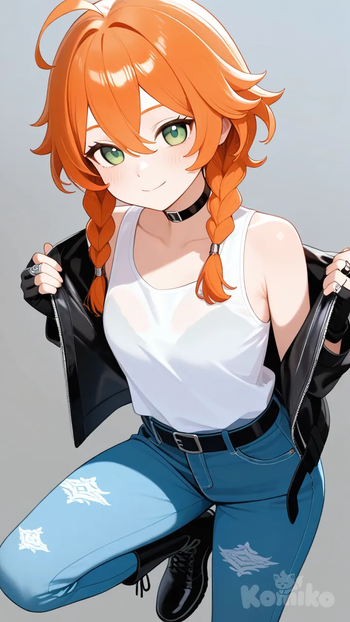 1 girl, Teenage, orange hair, black ends, twin braids, medium side breast, fit an athletic body, (wearing black gauntlet and blue gems in the knuckles) black leather jacket, White see through tank top, blue jean pants with one leg short one leg long and black leather boots, rings coming out of the back is orange and black, green eyes, Genshin Impact