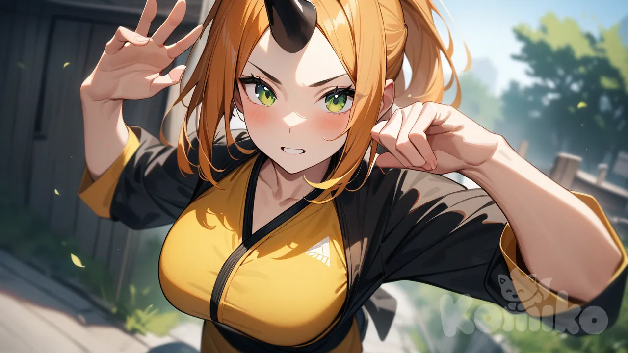 Orange hair with black ends, one horn in center of Head, green eyes, medium size breast, teenager, are yellow and black martial arts outfit