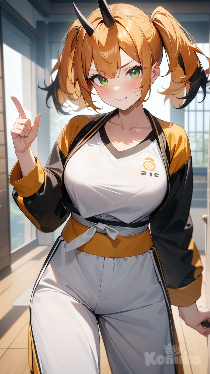Orange hair with black ends, medium length hair with black tips, twin tails,one horn in center of Head, green eyes, medium size breast, teenager, are yellow and black martial arts outfit