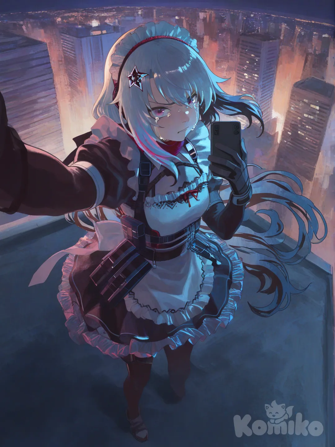 @9A-91_(Girls'_Frontline), [watercolor-illustration-style], jumping from rooftop, selfie, angry, crying, apron, lace