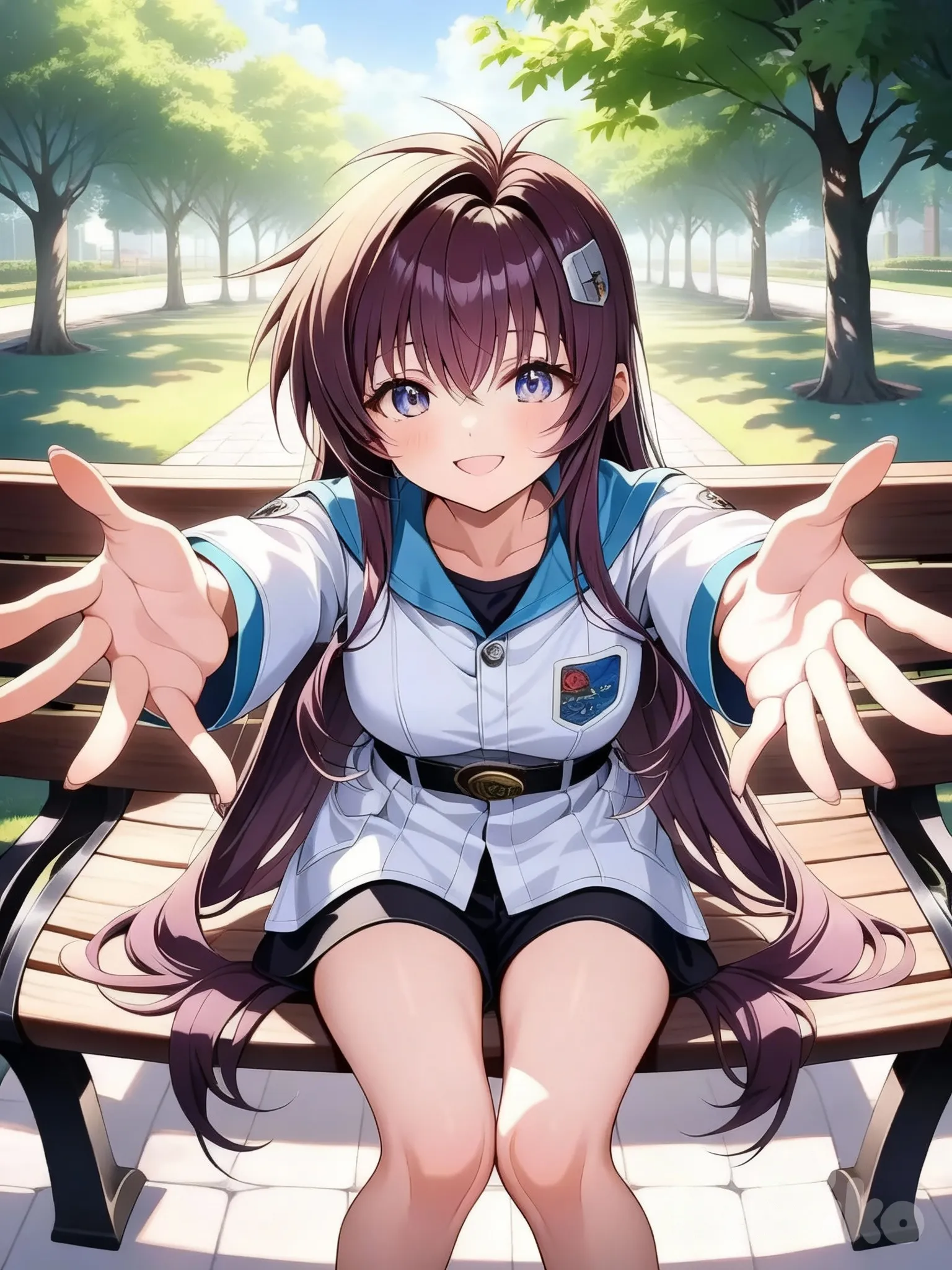 公園のベンチに座って手招き