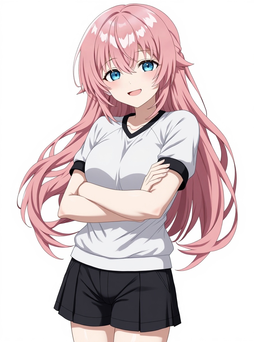 腕組みをするピンク髪美少女