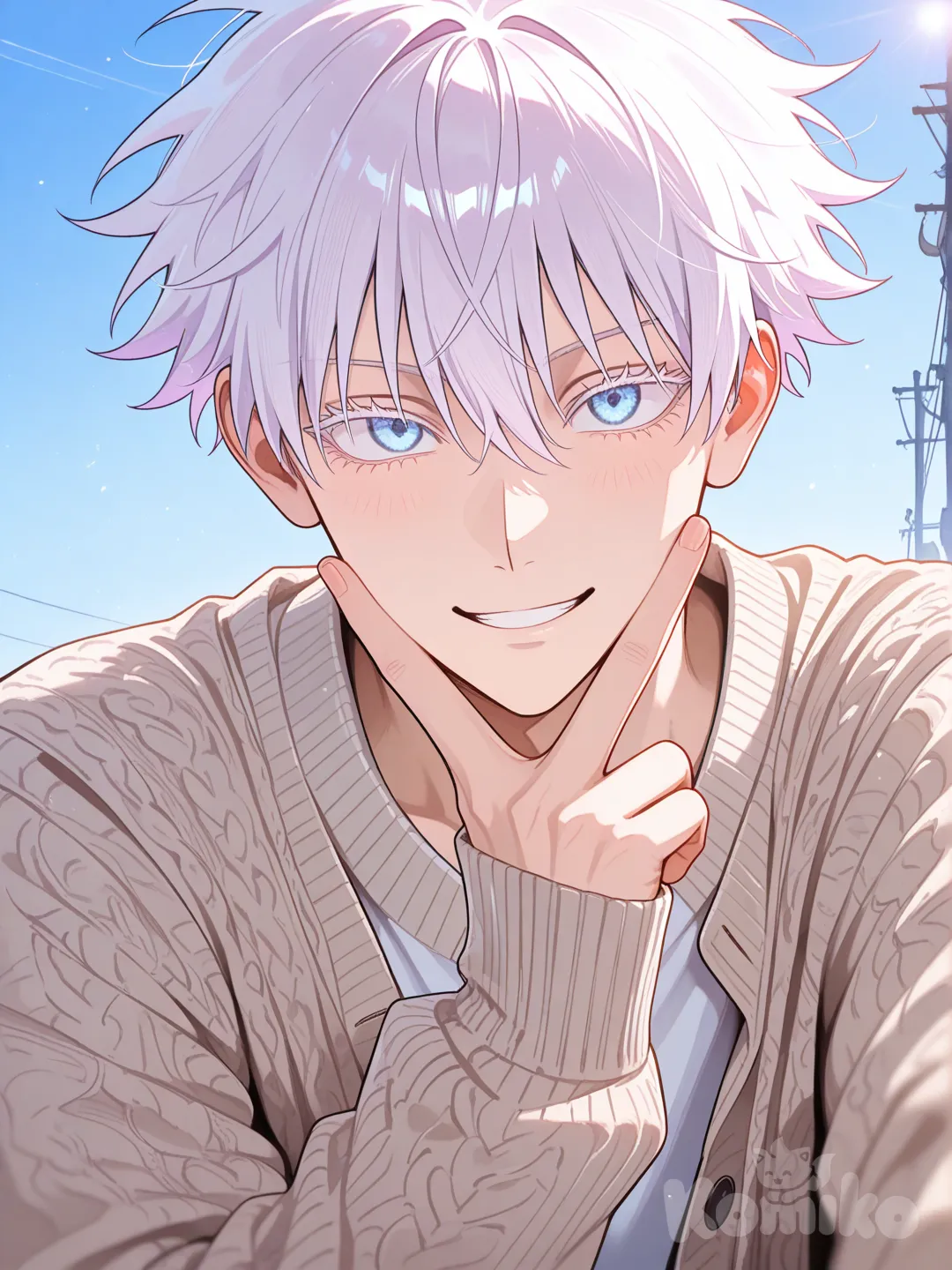 1boy, @Gojou_Satoru, v sign, knitted cardigan, headshot, side light, blue sky