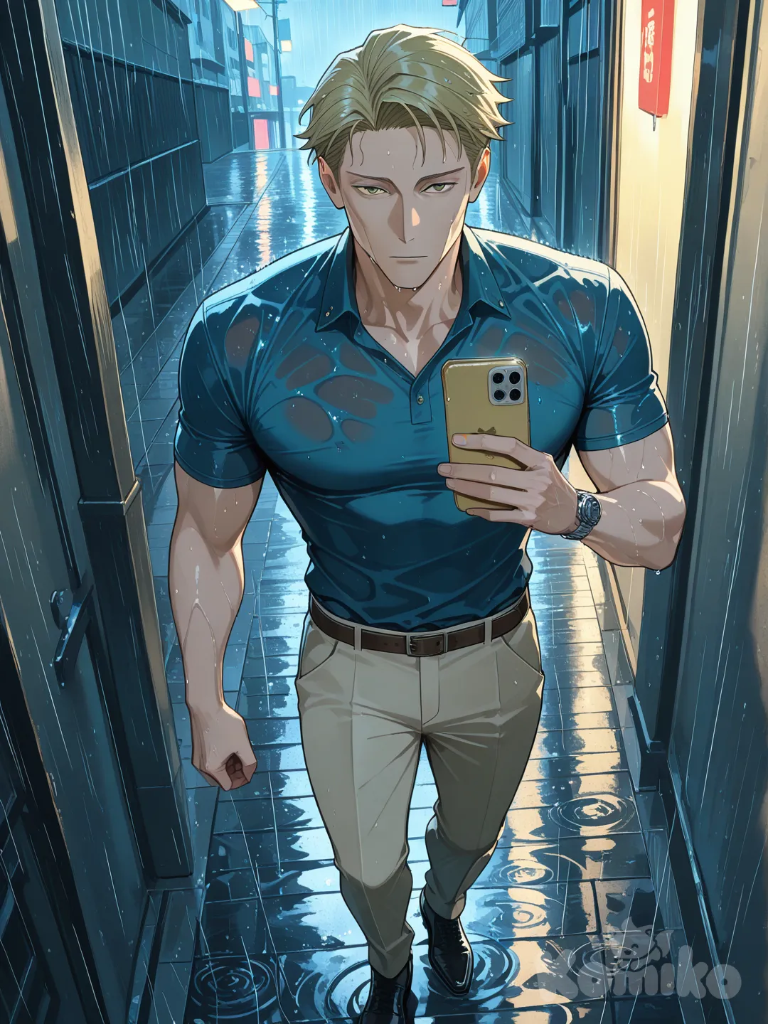 1boy, @Nanami_Kento, selfie, henley shirt, full body, top light, rainy