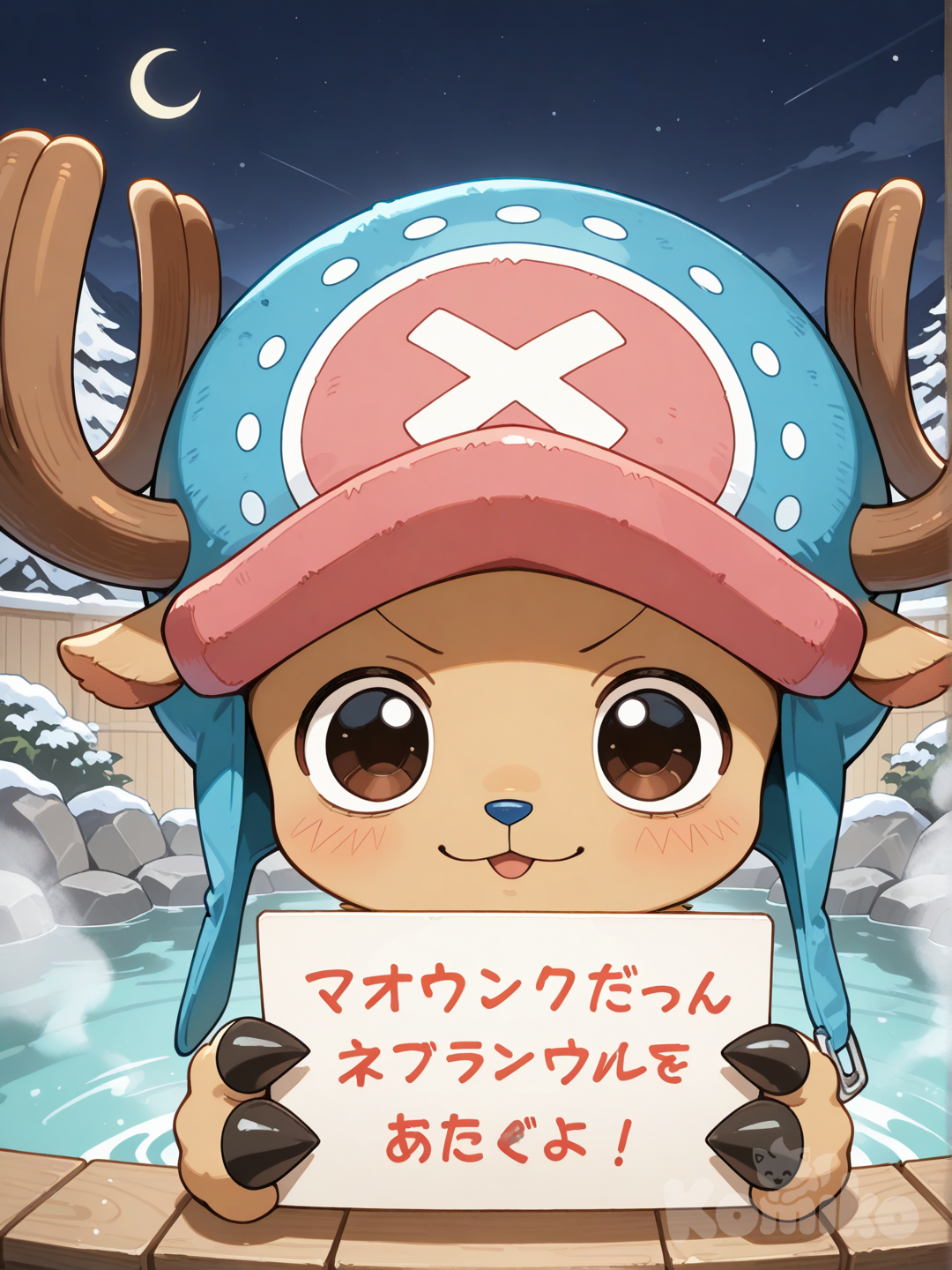 1boy, @Tony_Tony_Chopper, holding sign, front profile photo, day, onsen