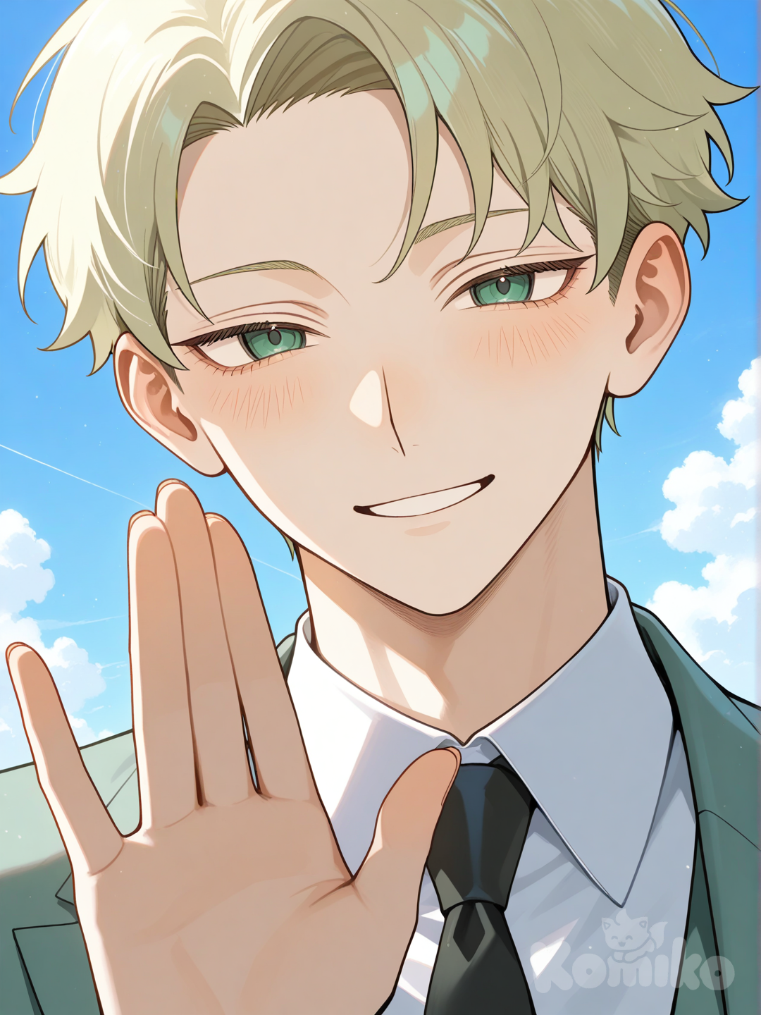 Chico, alto, ojos verdes, traje verde, saludando y sonrie