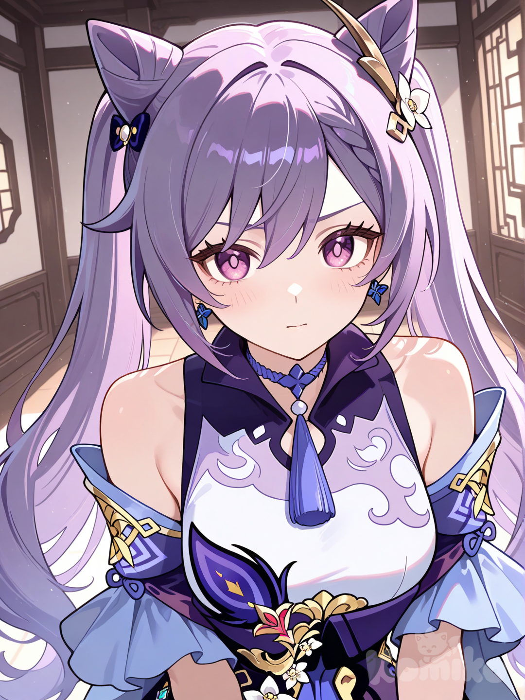 Keqing enojada en primer plano